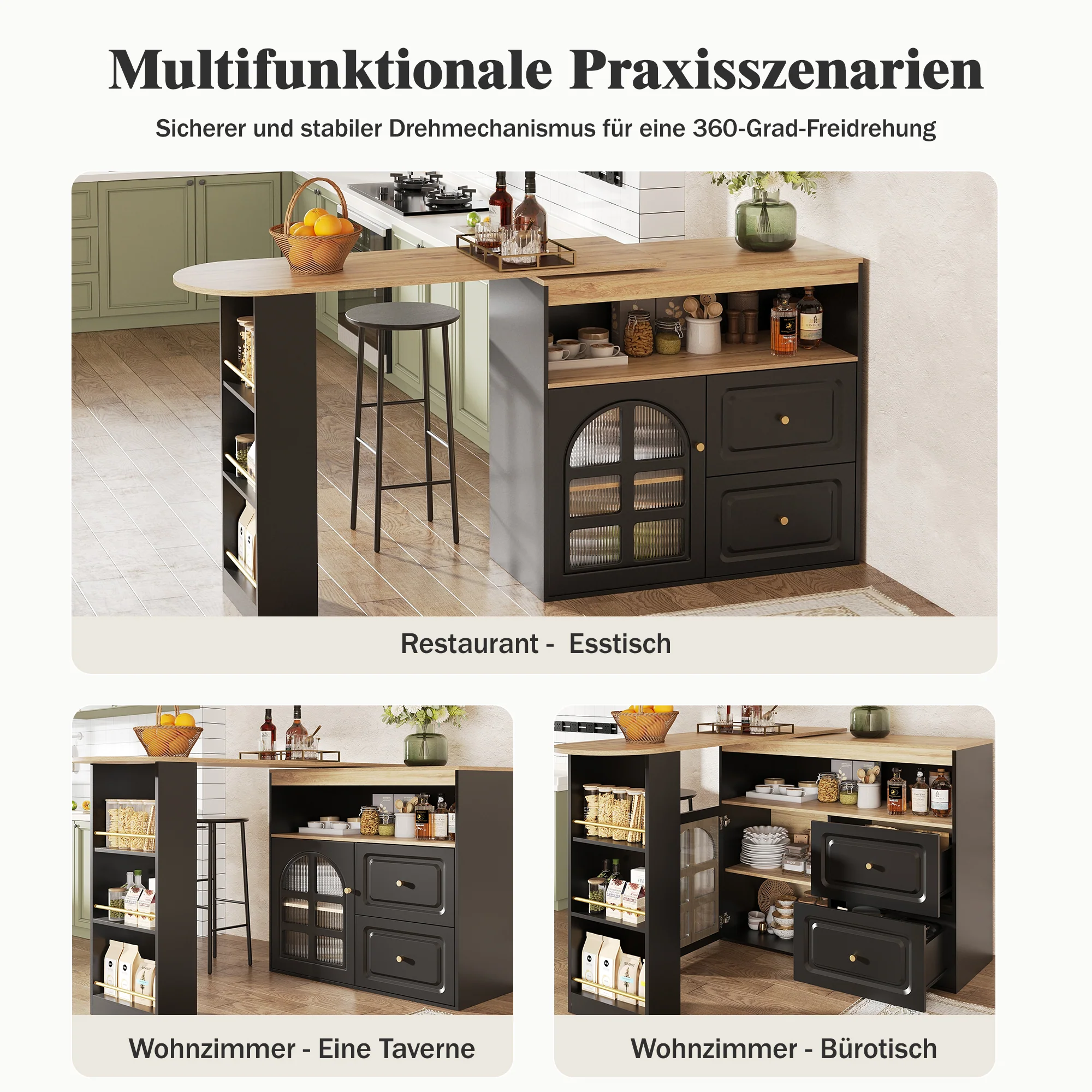 360° Rotating Dining Bar Storage with 2 Drawers Curved Glass - Black - Image 10