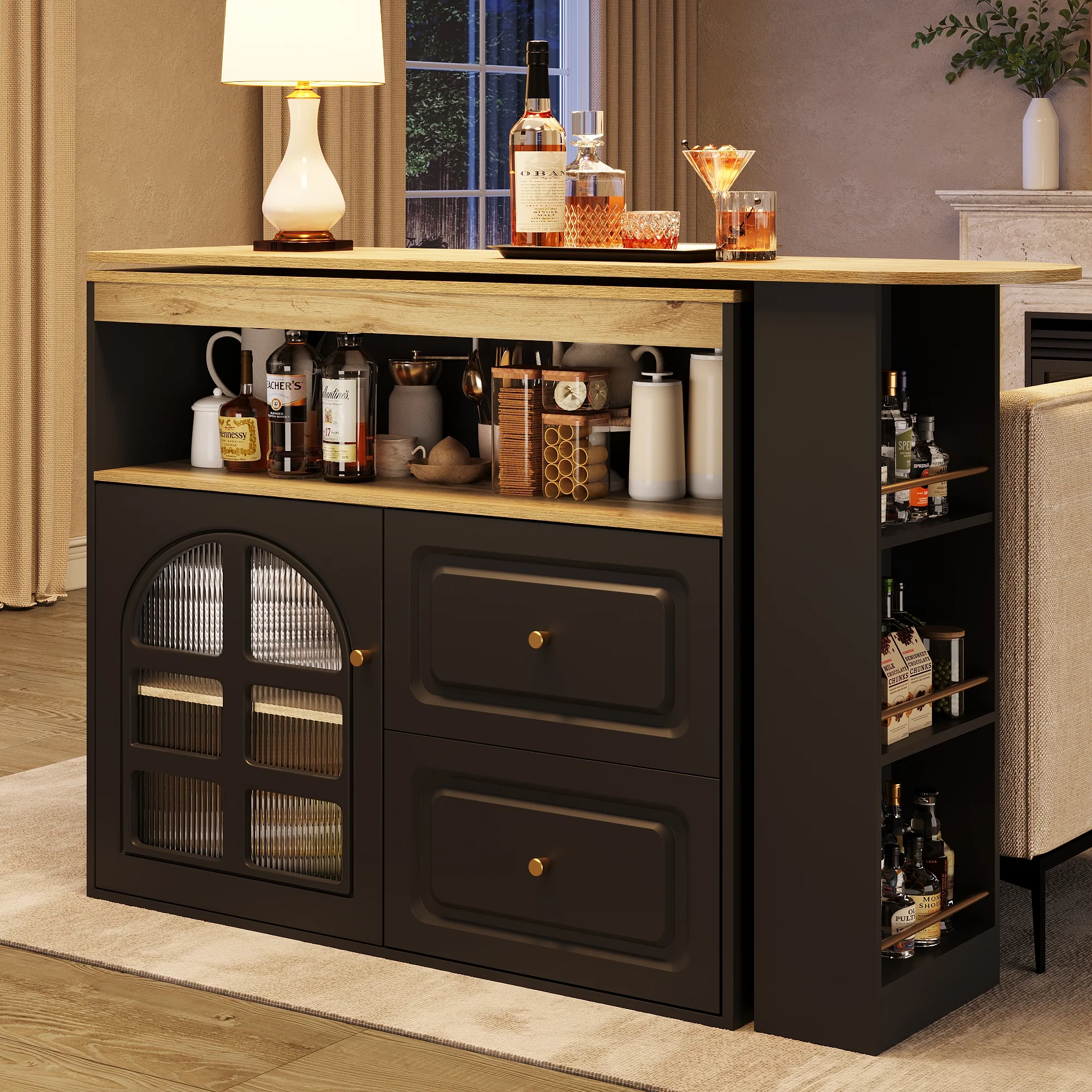 360° Rotating Dining Bar Storage with 2 Drawers Curved Glass - Black - Image 2