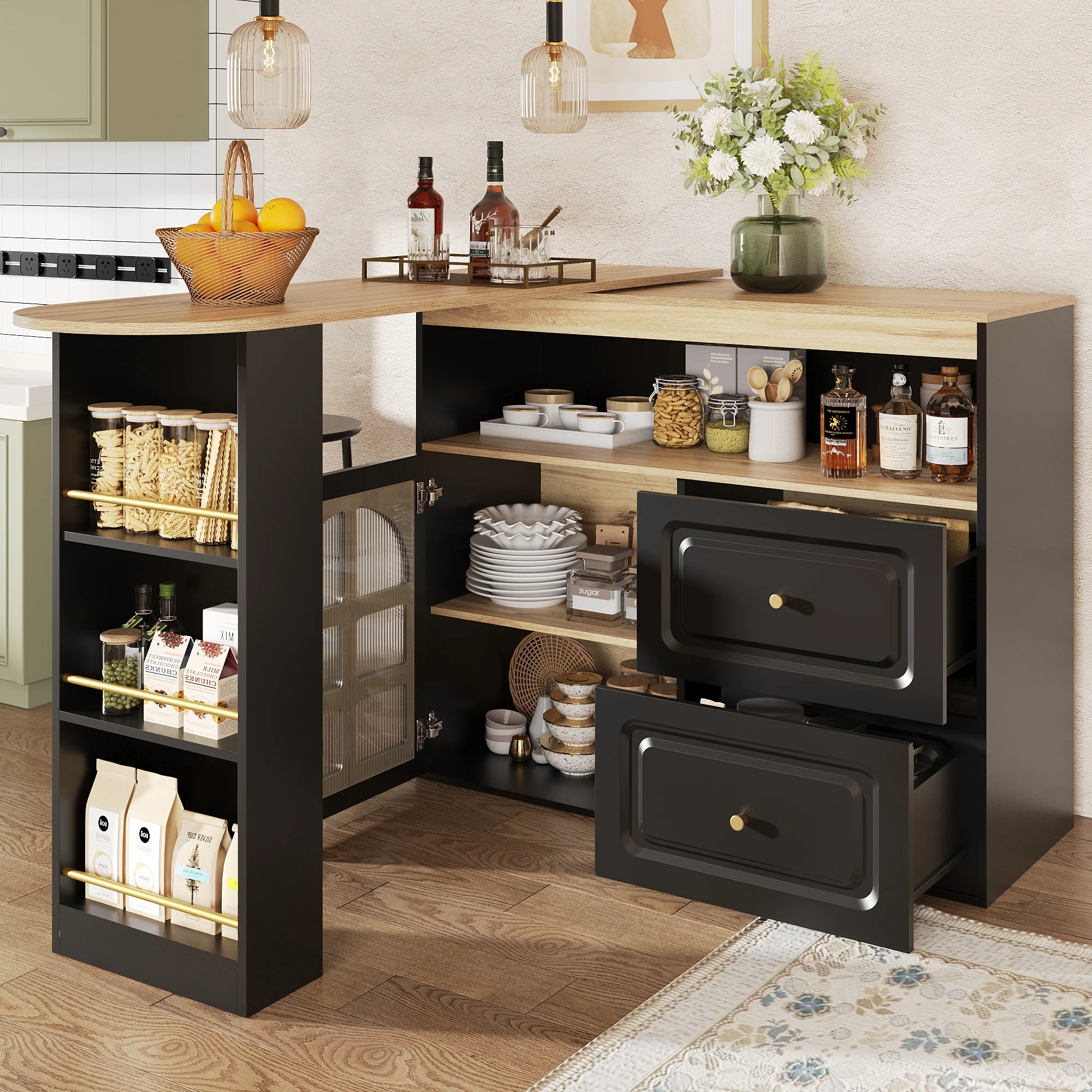360° Rotating Dining Bar Storage with 2 Drawers Curved Glass - Black - Image 3
