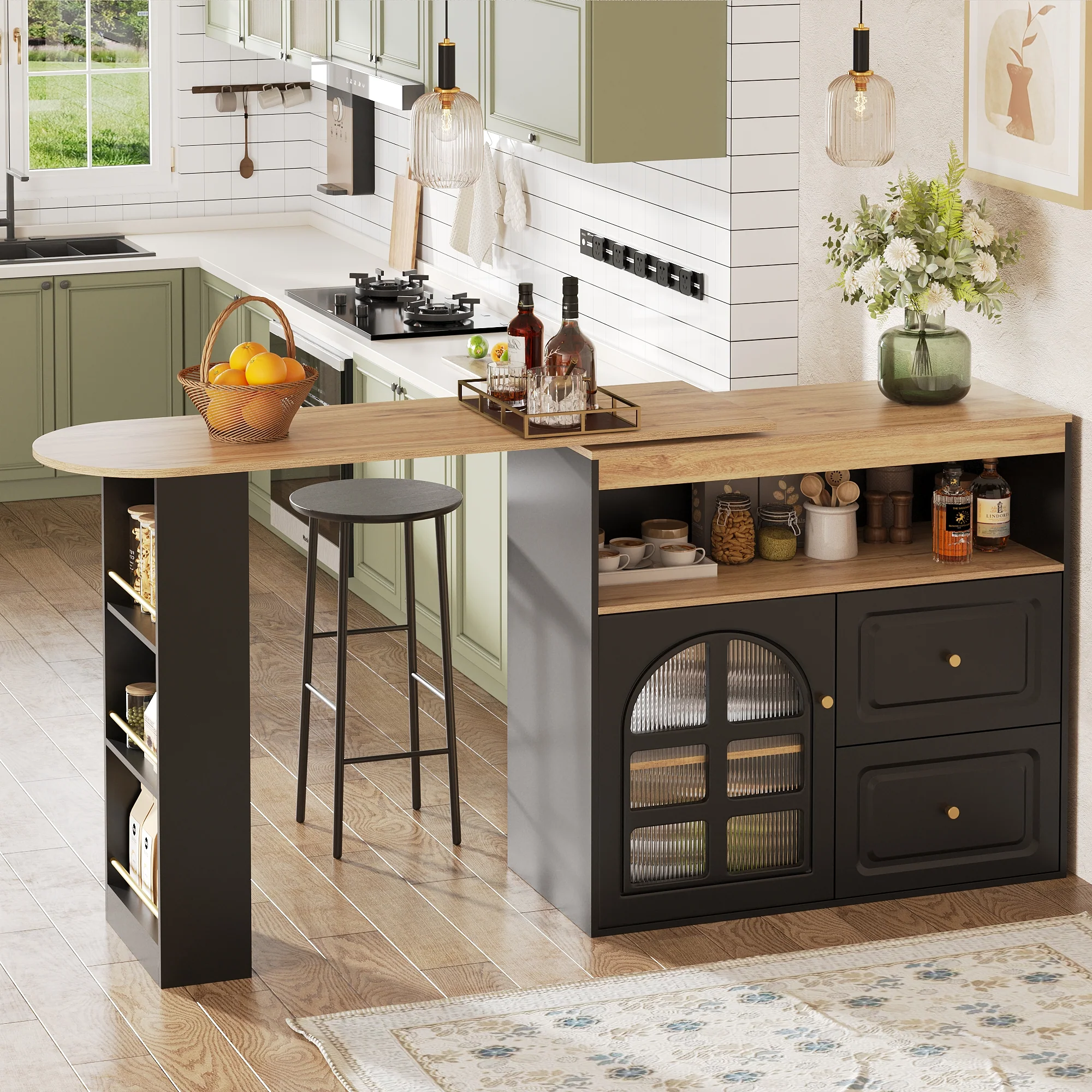 360° Rotating Dining Bar Storage with 2 Drawers Curved Glass - Black - Image 4