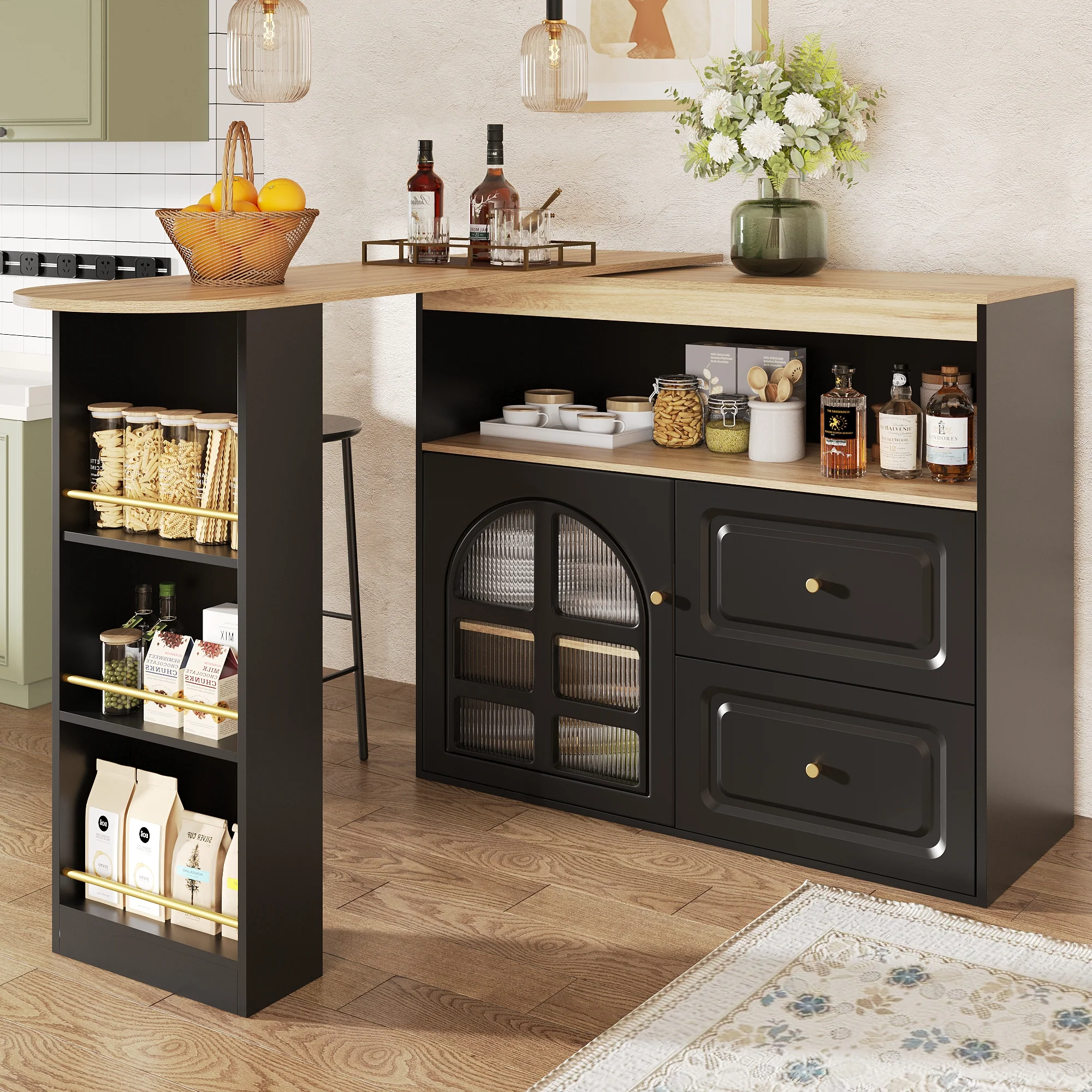 360° Rotating Dining Bar Storage with 2 Drawers Curved Glass - Black - Image 5