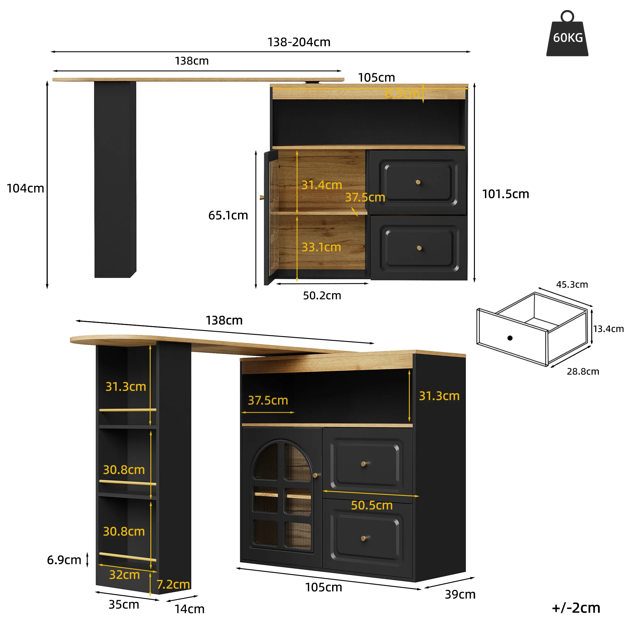 360° Rotating Dining Bar Storage with 2 Drawers Curved Glass - Black - Image 6