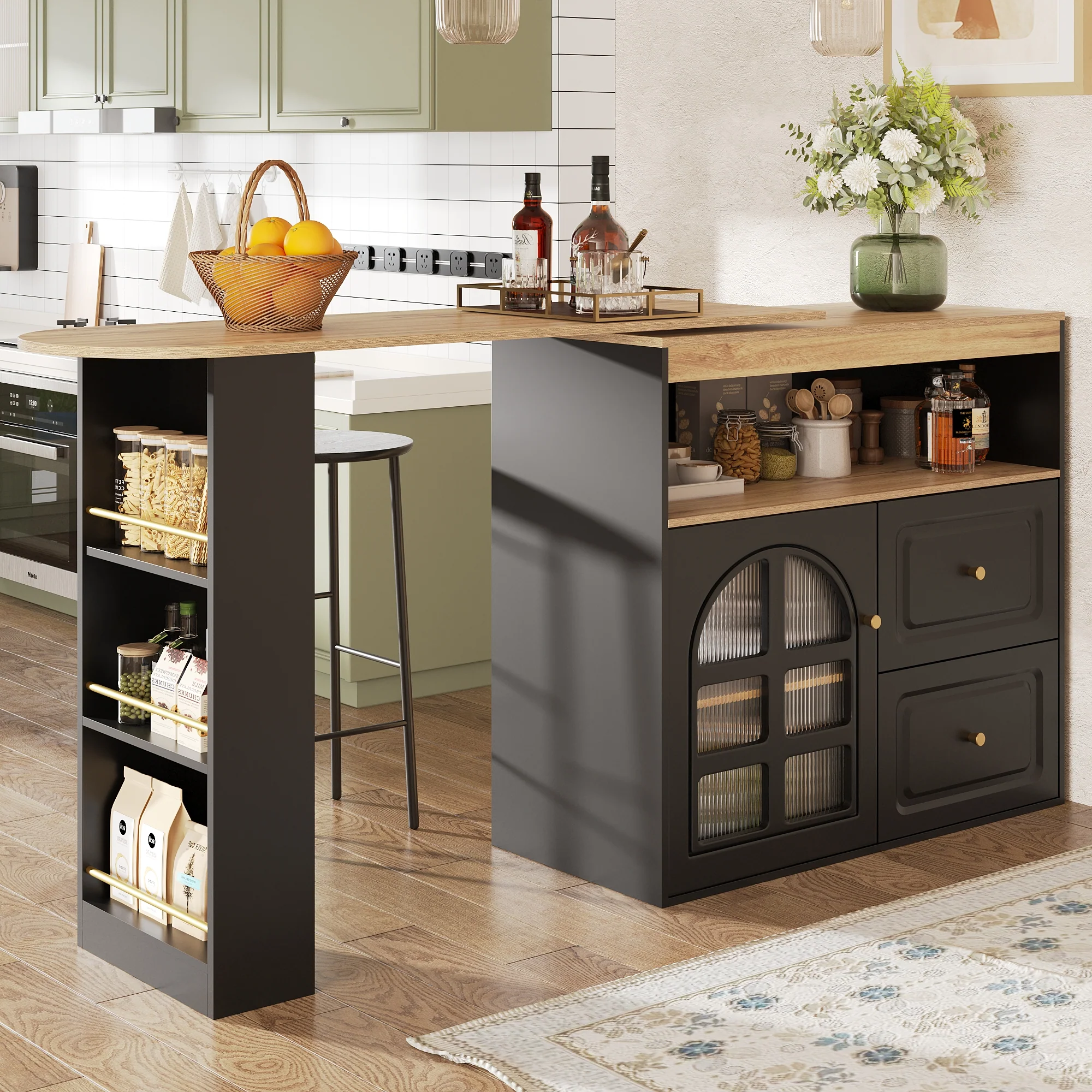 360° Rotating Dining Bar Storage with 2 Drawers Curved Glass - Black - Image 7