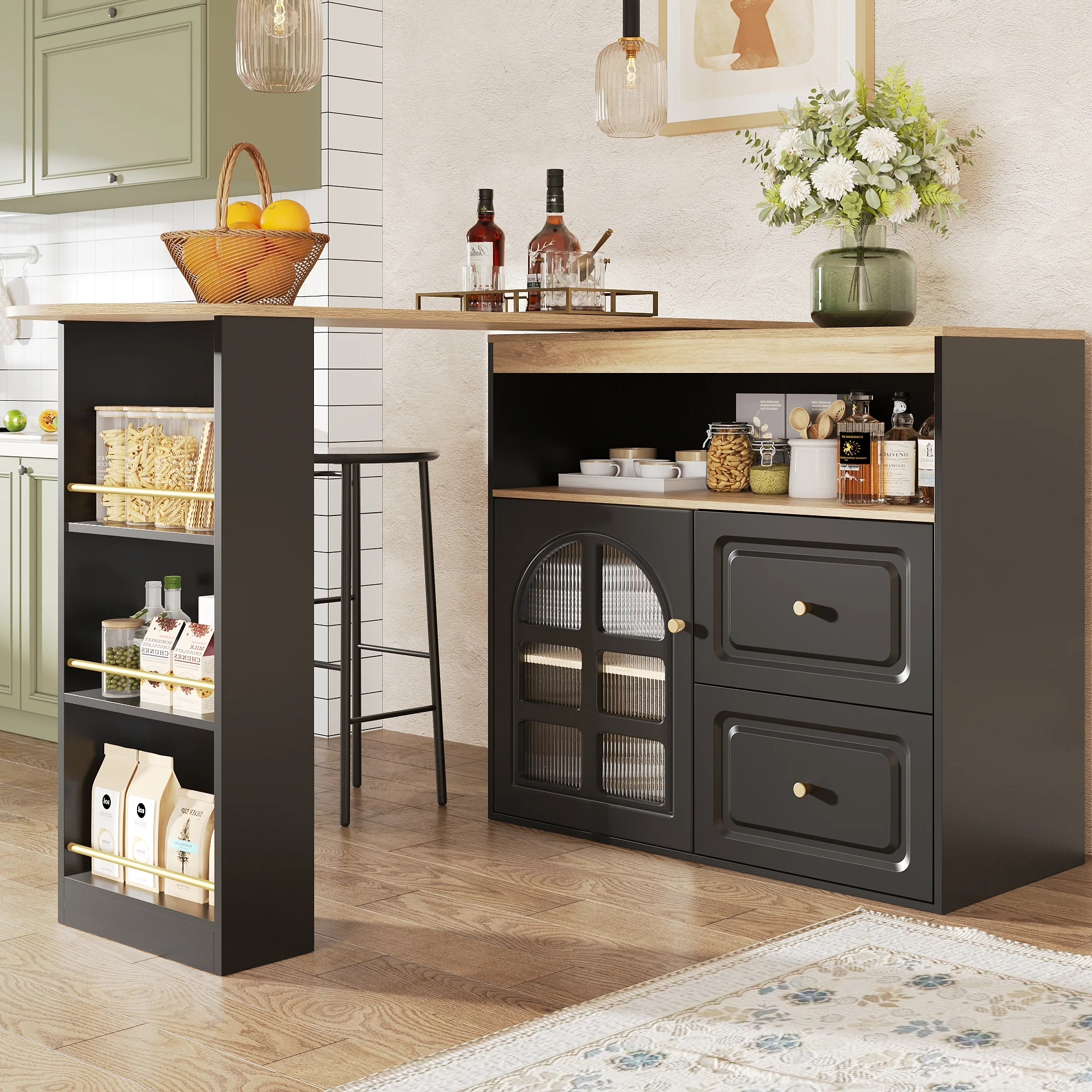 360° Rotating Dining Bar Storage with 2 Drawers Curved Glass - Black - Image 8