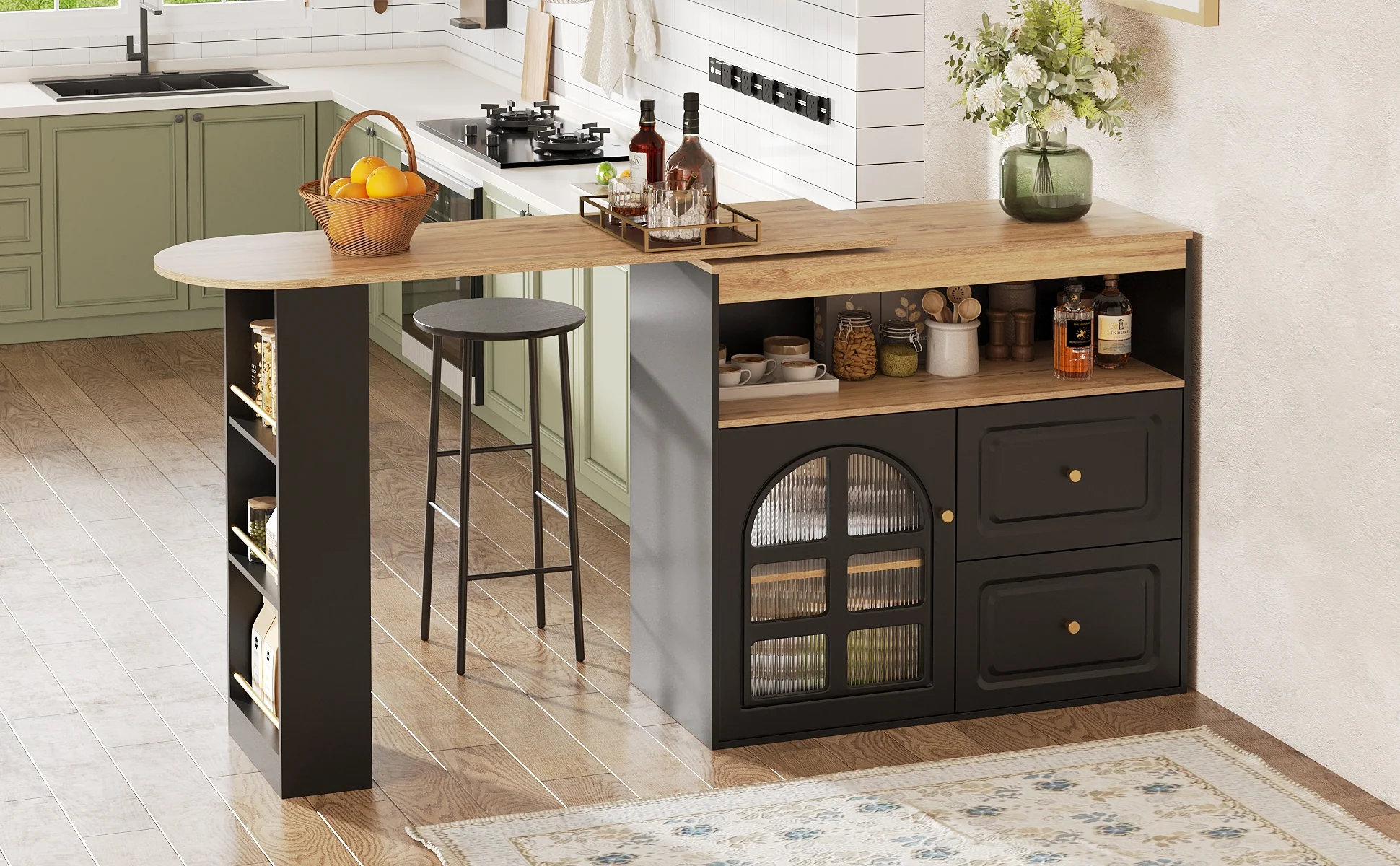 360° Rotating Dining Bar Storage with 2 Drawers Curved Glass - Black - Image 9