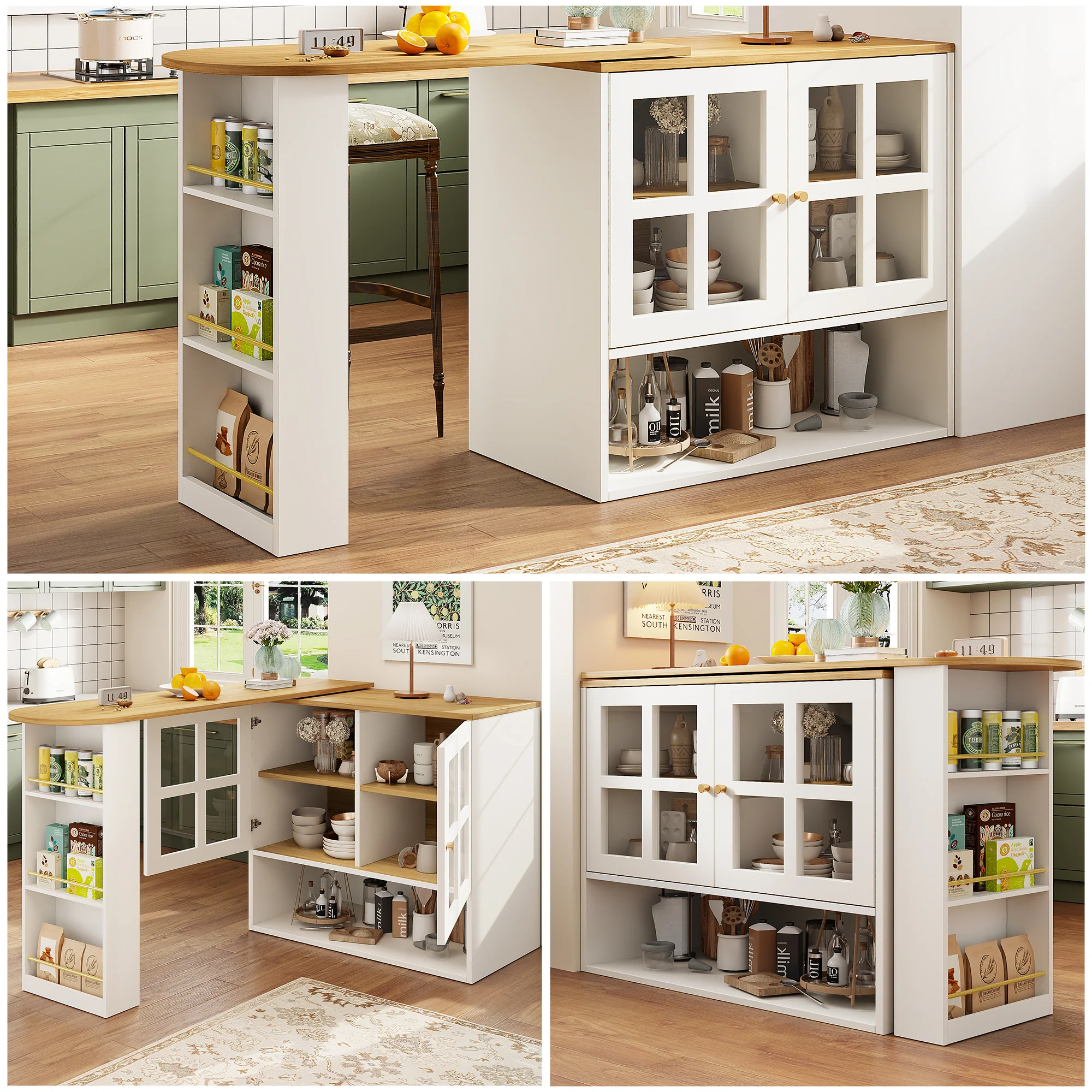 360° Rotating Sideboard - Multifunctional Dining Bar, 5 Shelves & Glass - White