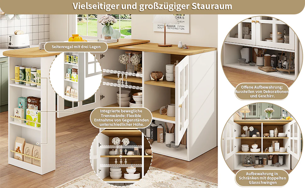 360° Rotating Sideboard - Multifunctional Dining Bar, 5 Shelves & Glass - White - Image 10