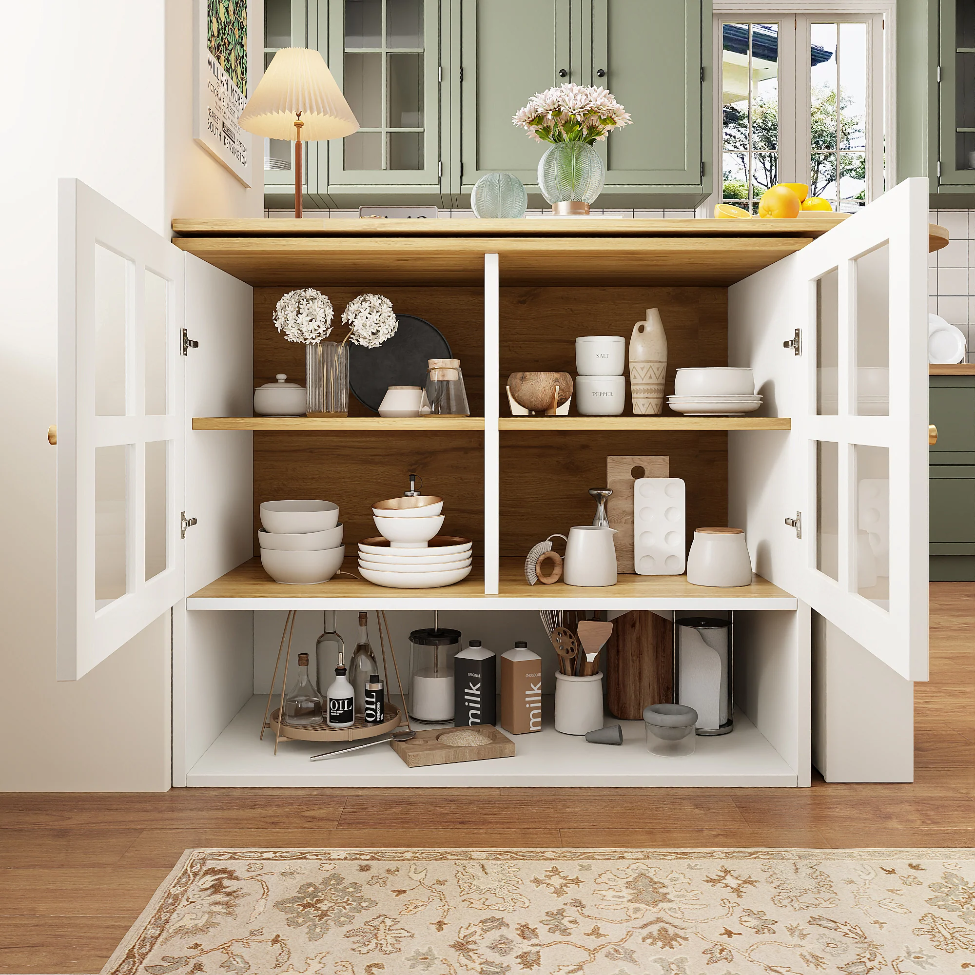 360° Rotating Sideboard - Multifunctional Dining Bar, 5 Shelves & Glass - White - Image 2