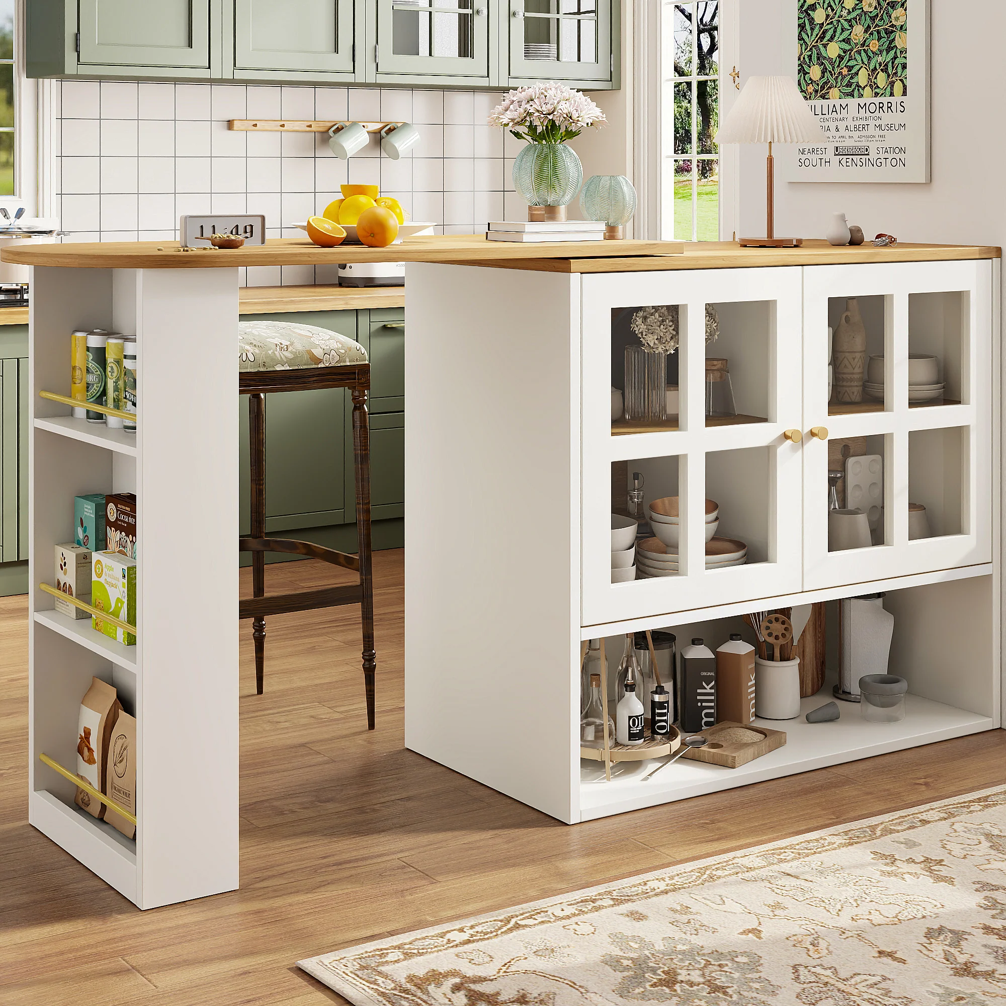 360° Rotating Sideboard - Multifunctional Dining Bar, 5 Shelves & Glass - White - Image 3