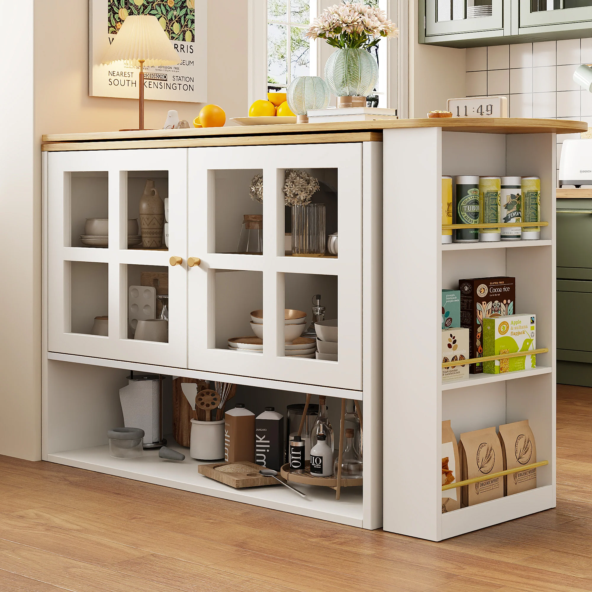 360° Rotating Sideboard - Multifunctional Dining Bar, 5 Shelves & Glass - White - Image 4