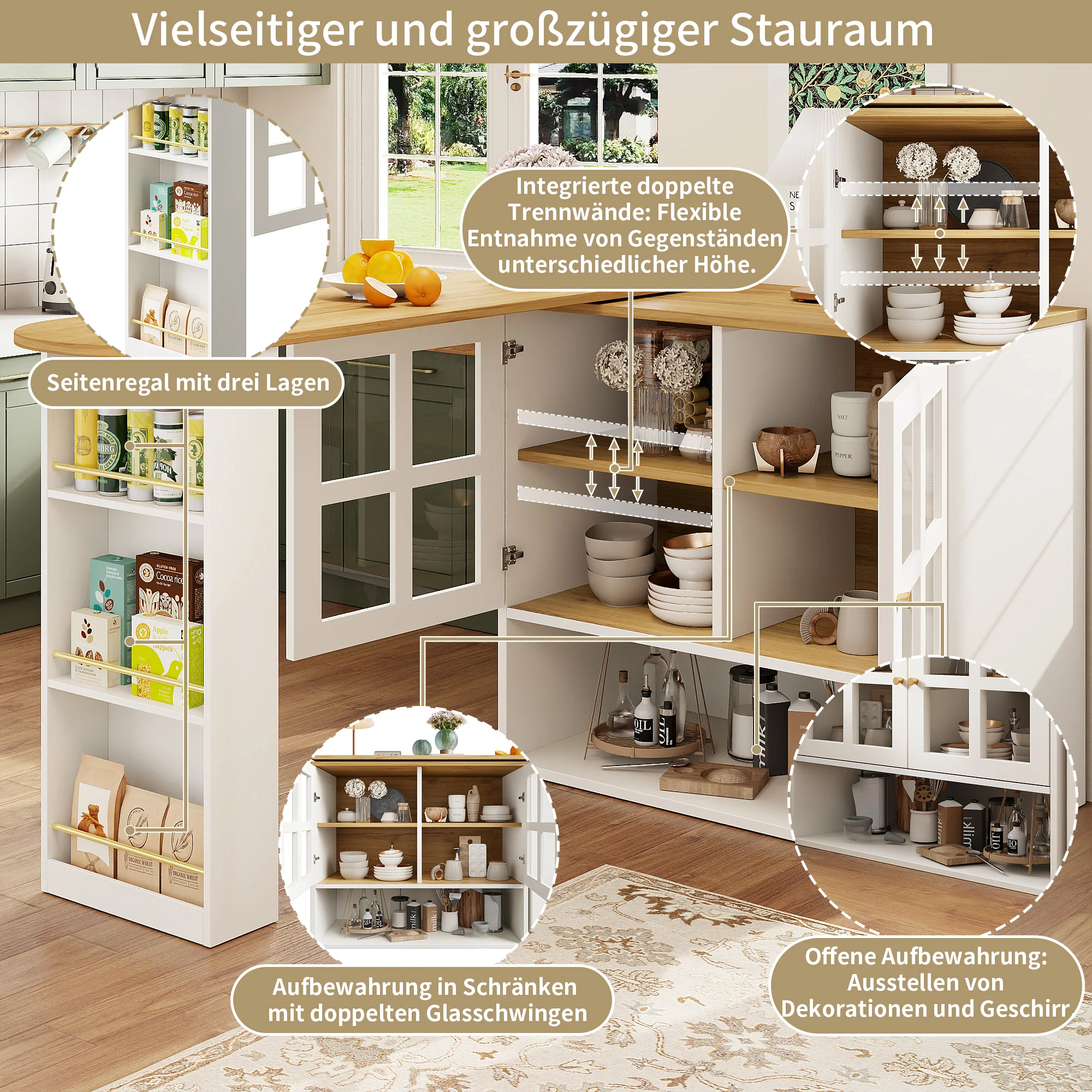 360° Rotating Sideboard - Multifunctional Dining Bar, 5 Shelves & Glass - White - Image 6