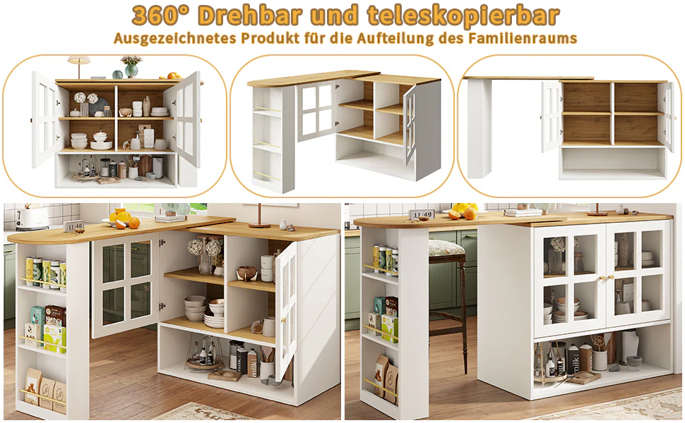 360° Rotating Sideboard - Multifunctional Dining Bar, 5 Shelves & Glass - White - Image 9
