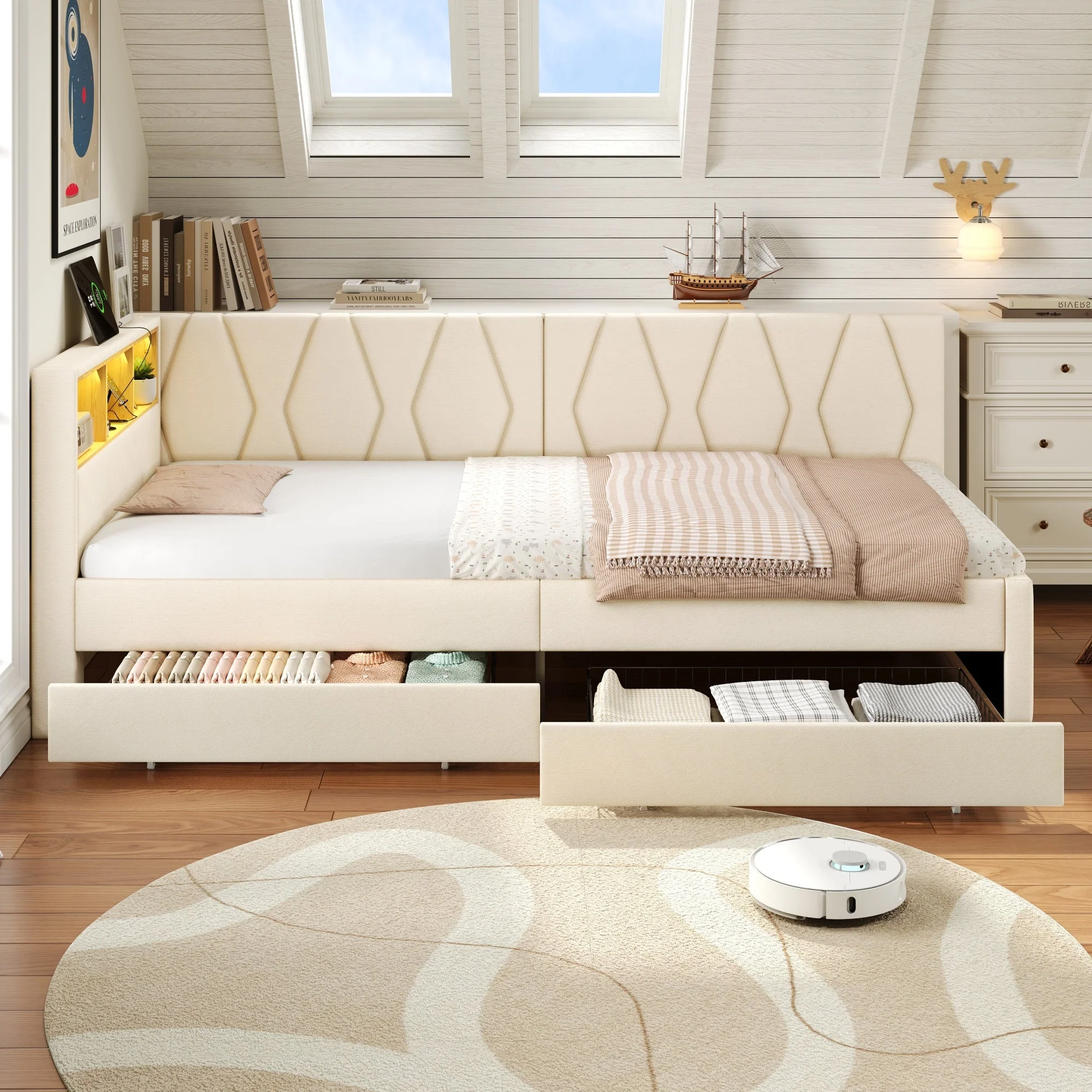 3ft Single Daybed with Two Storage Drawers, LED Modern Bed Frame with Charging Station, Linen, Beige - Image 4