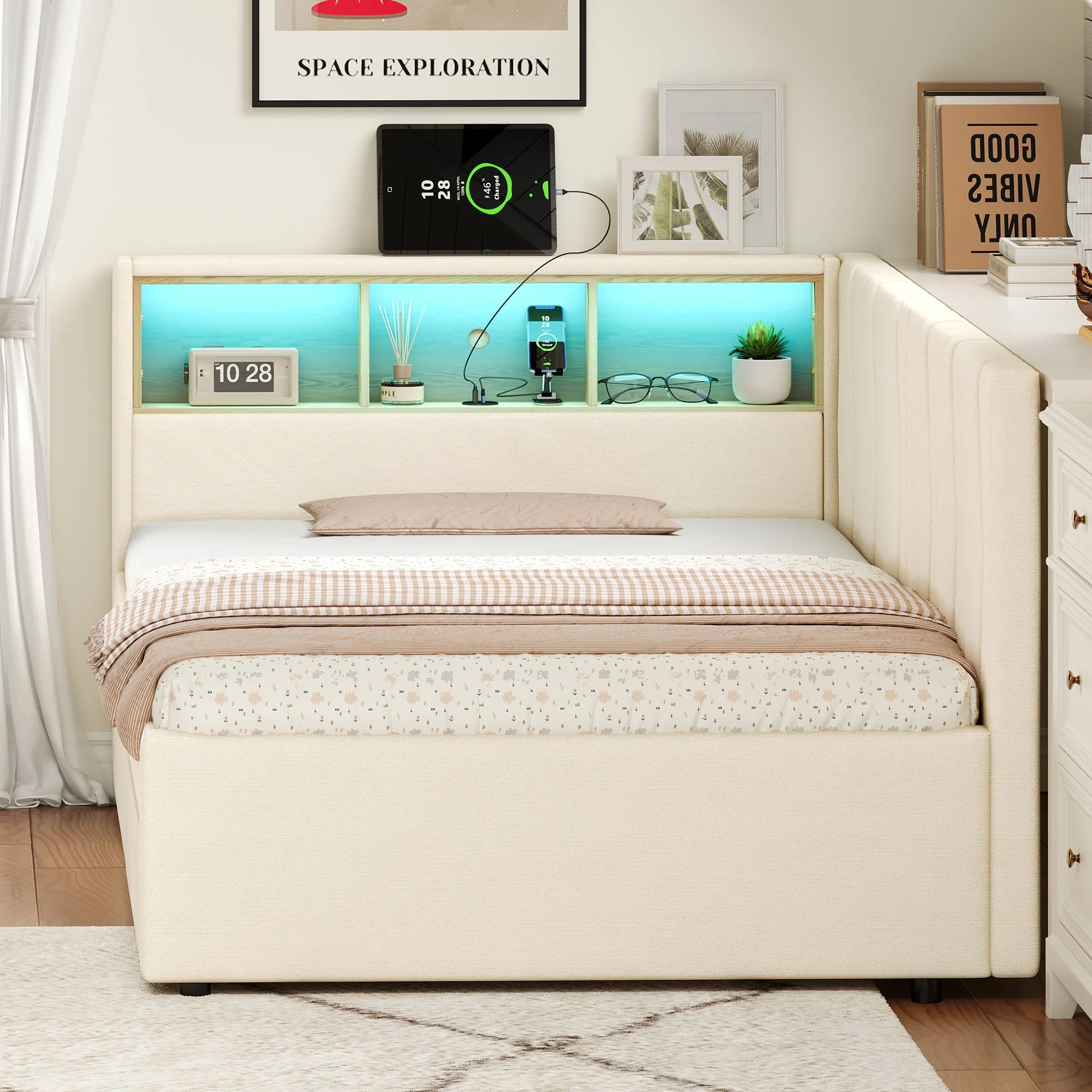 3ft Single Daybed with Two Storage Drawers, LED Modern Bed Frame with Charging Station, Linen, Beige - Image 5
