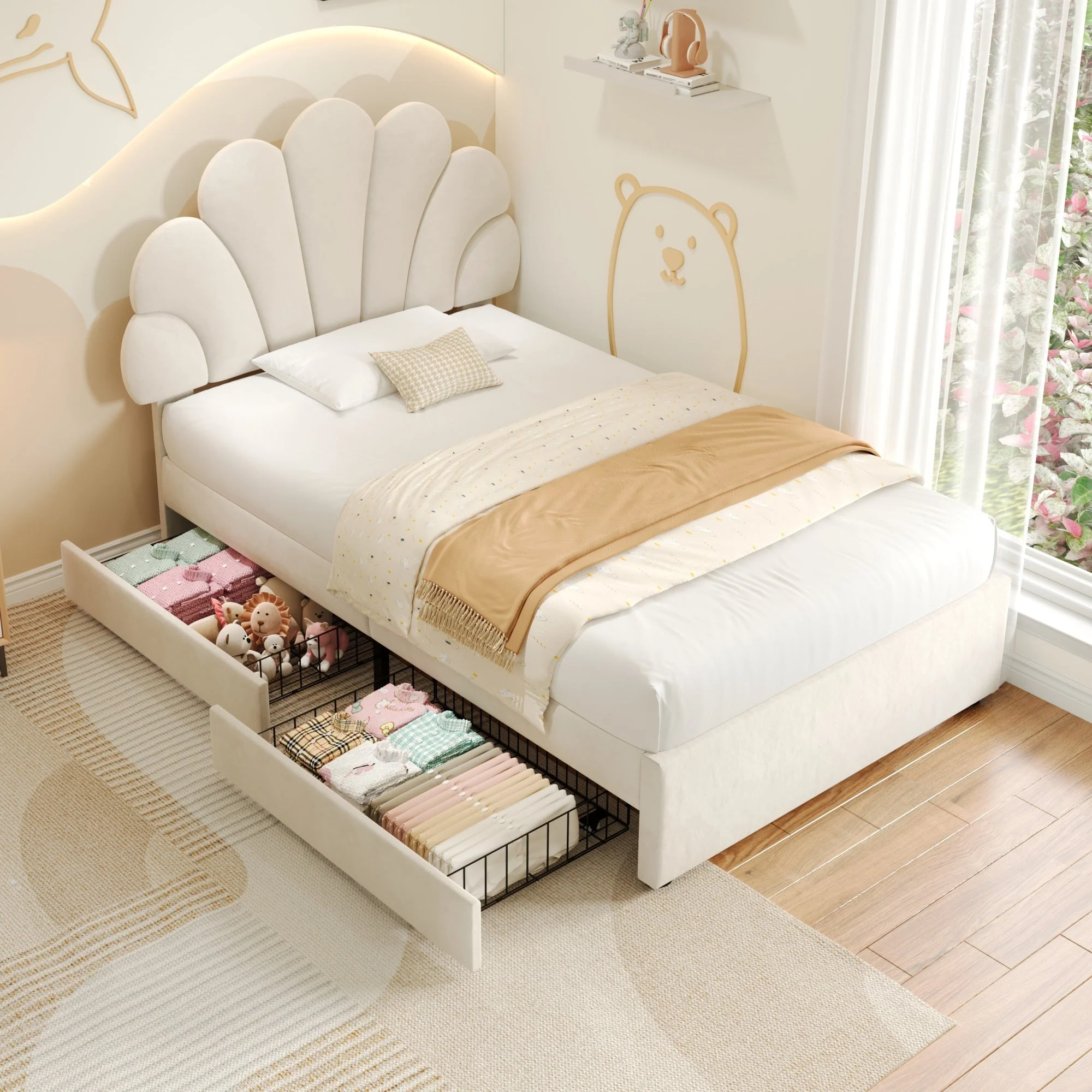 3ft Single Upholstered Bed with Adjustable Chic Petal Headboard and 2 Storage Drawers, Beige Velvet - Image 2