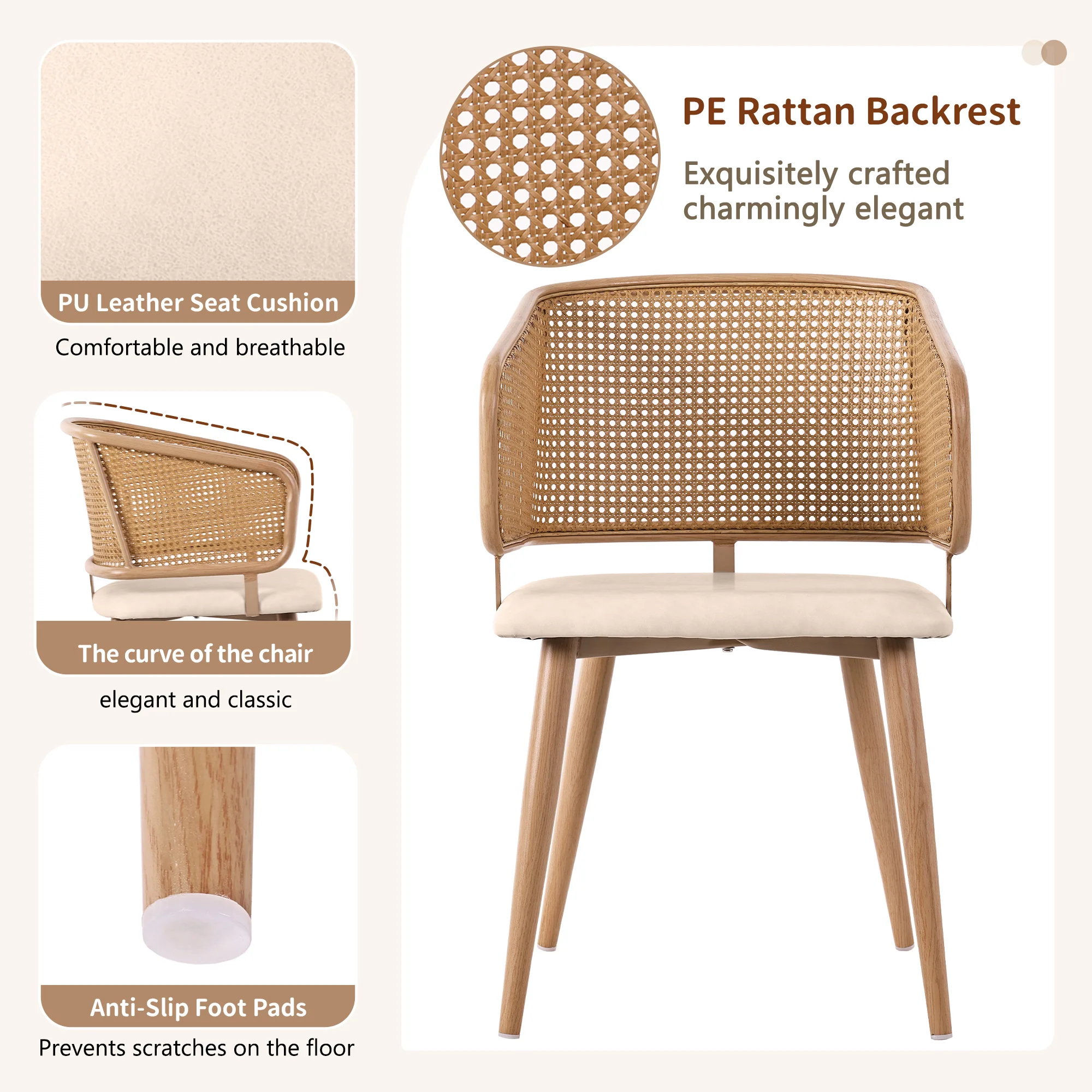 4 Dining Chairs Modern Rattan Backrest with PU Leather Seat - Image 9