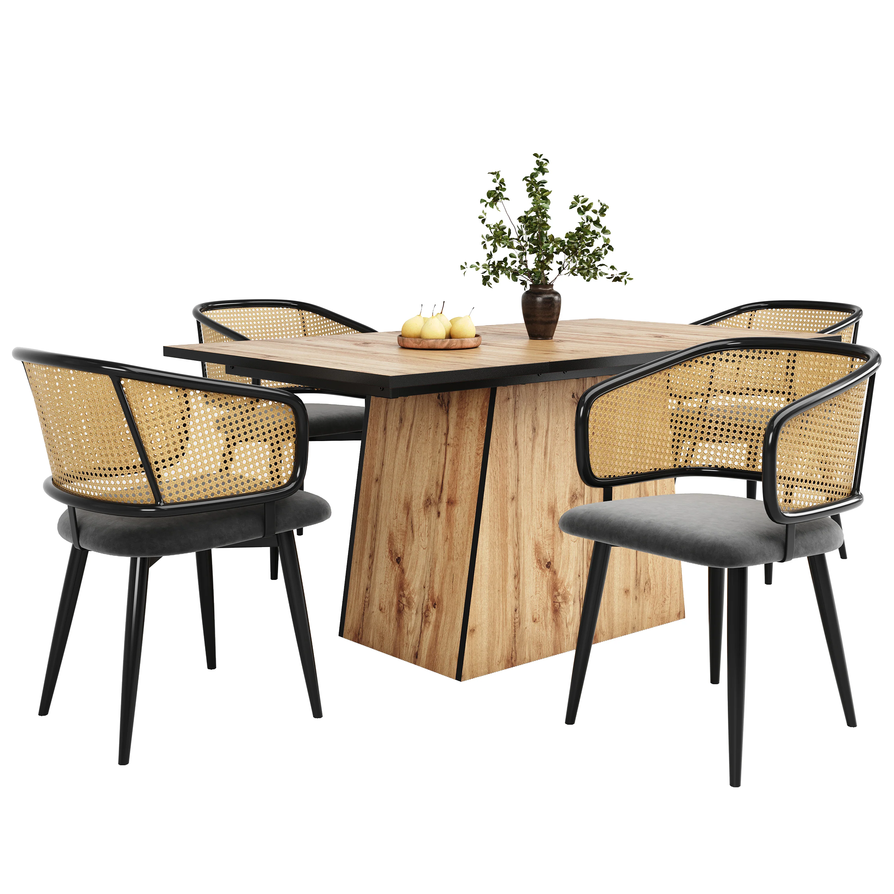 4 Dining Chairs - Rattan Back Velvet Cushion - Modern Style - Image 2