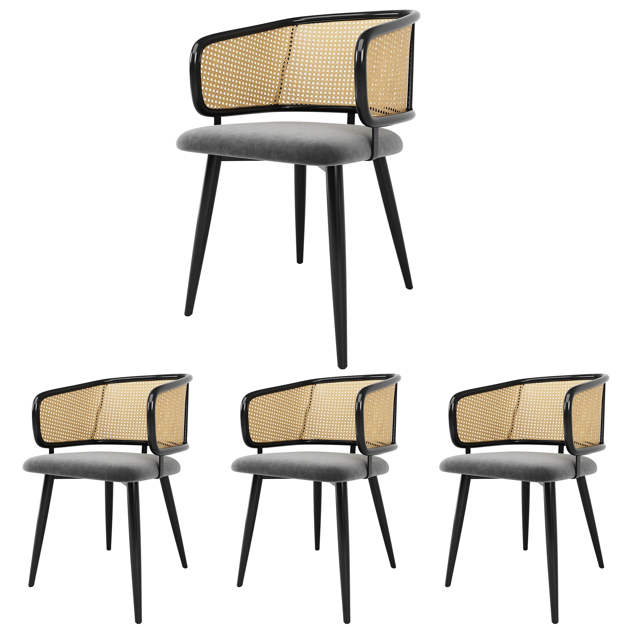 4 Dining Chairs - Rattan Back Velvet Cushion - Modern Style - Image 3