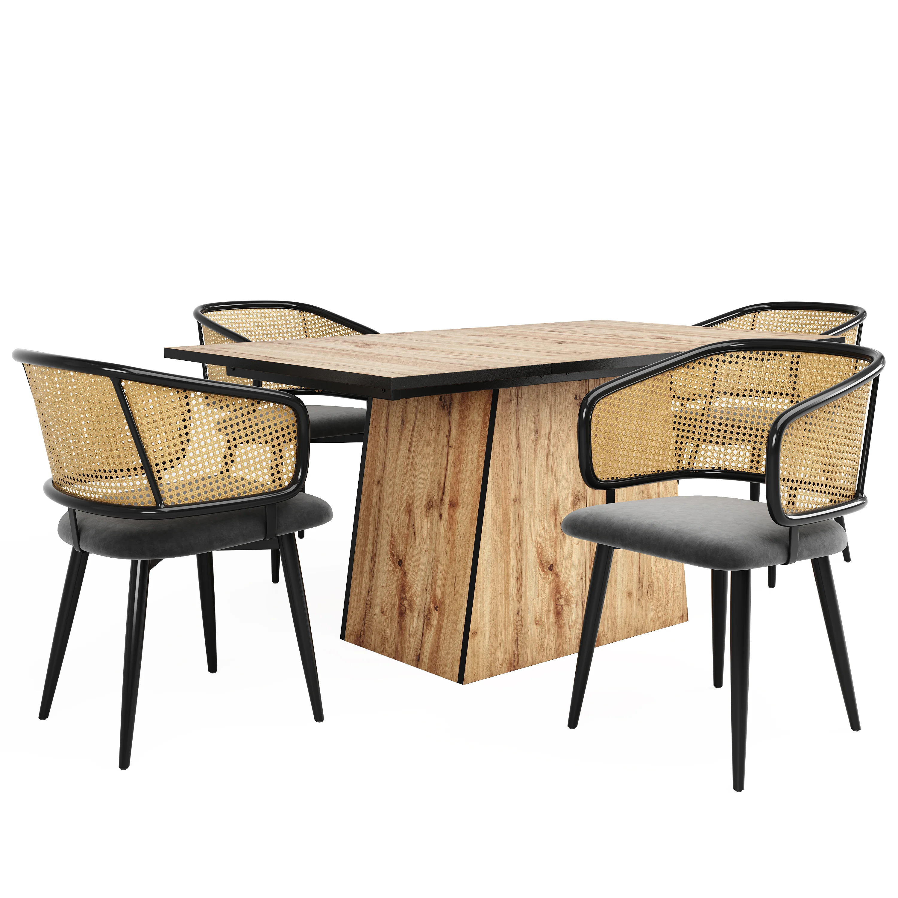 4 Dining Chairs - Rattan Back Velvet Cushion - Modern Style - Image 4