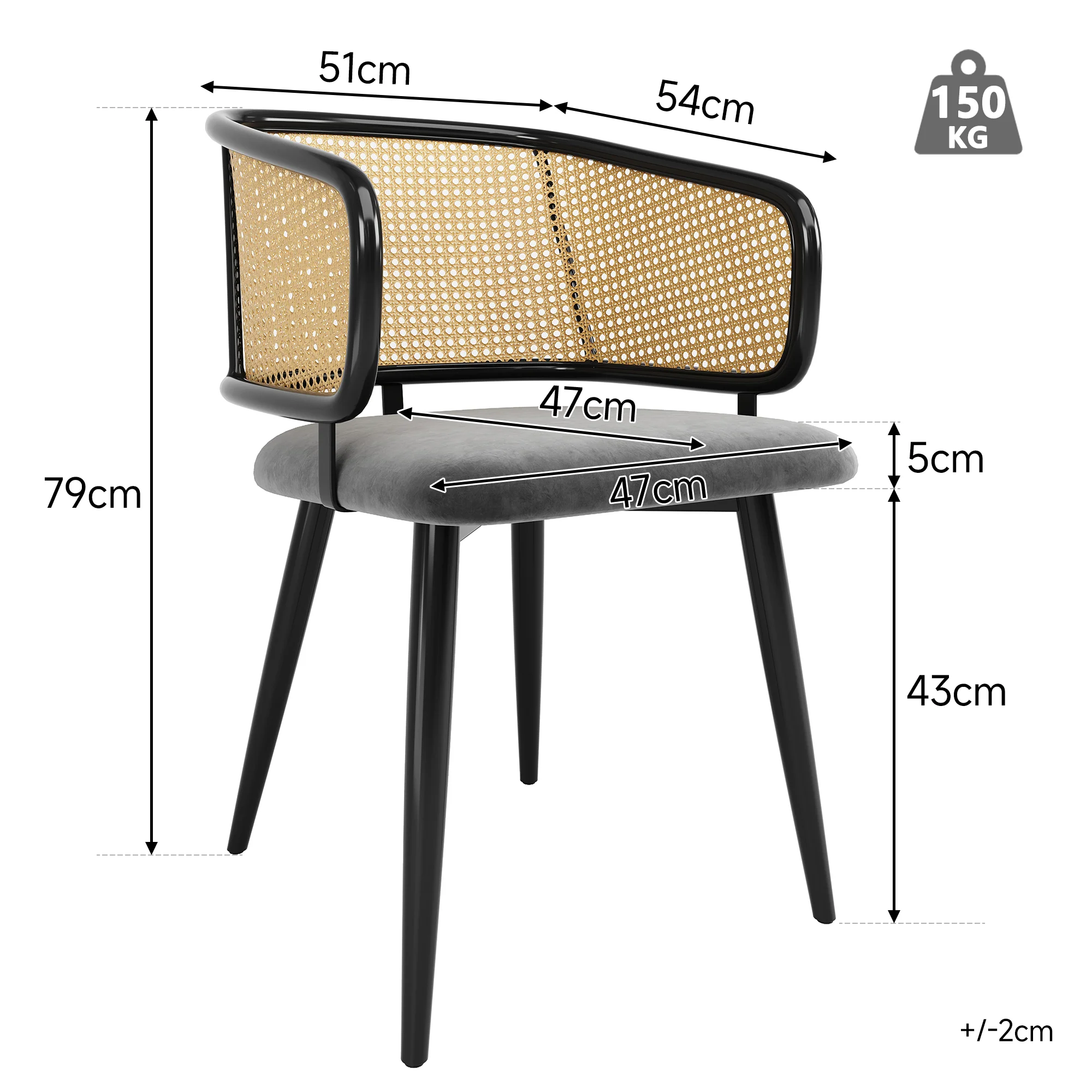 4 Dining Chairs - Rattan Back Velvet Cushion - Modern Style - Image 6