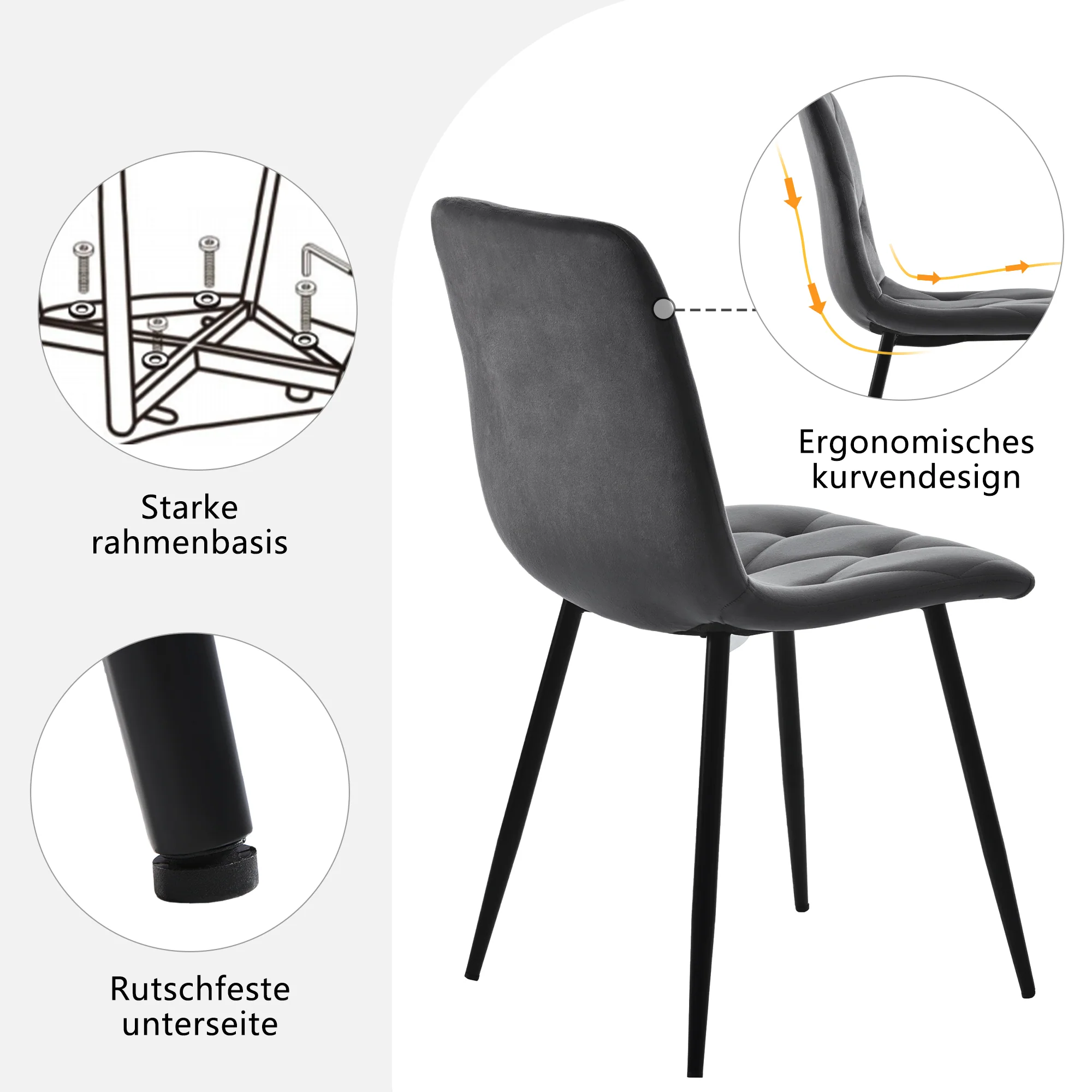 4 Dining Chairs Upholstered with Backrest Metal Legs Dark Grey Twill Velvet - Image 6