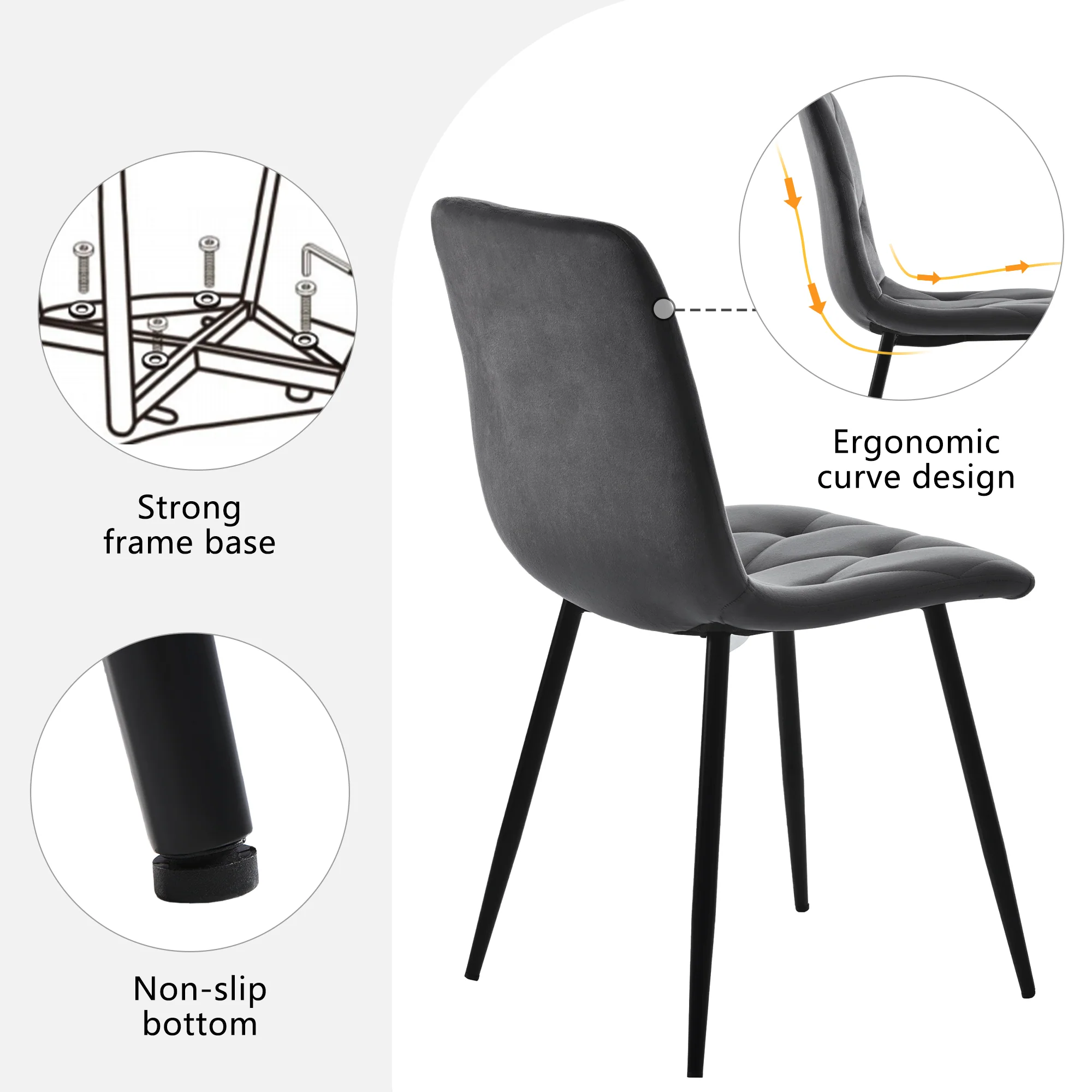 4 Dining Chairs Upholstered with Backrest Metal Legs Dark Grey Twill Velvet - Image 7