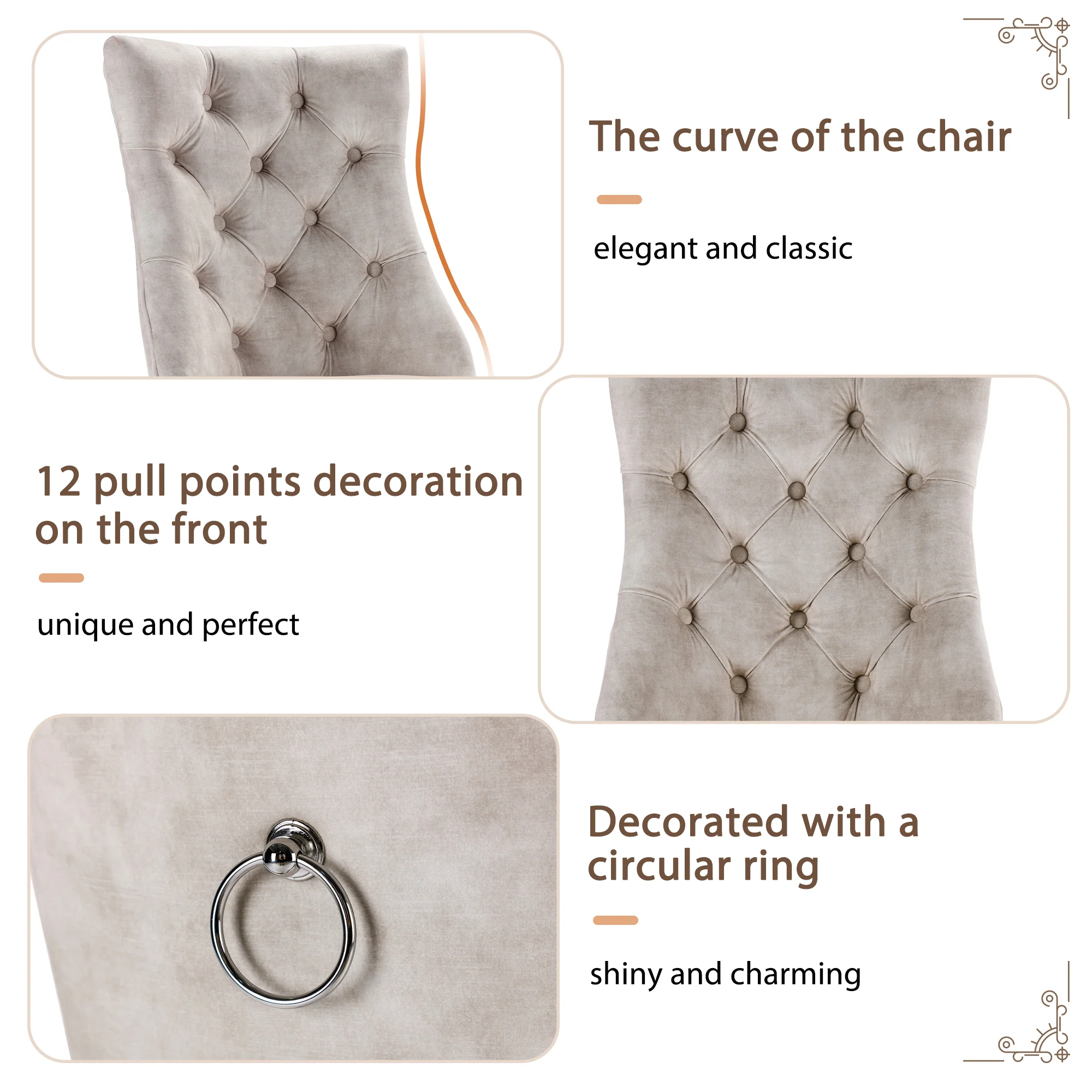 4-Legged Dining Chair Set, High Back Button Tufted Solid Wood (Set of 4), Light Beige Velvet - Image 8