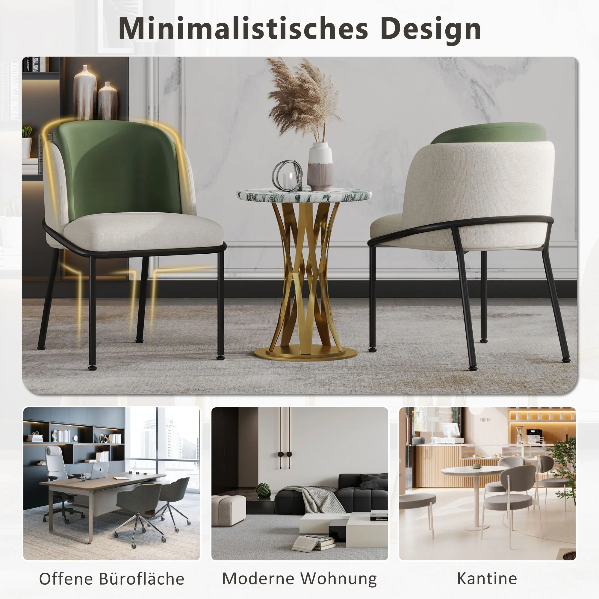 4 Modern Chairs Angled Legs Adjustable Feet - Beige/Green - Image 3