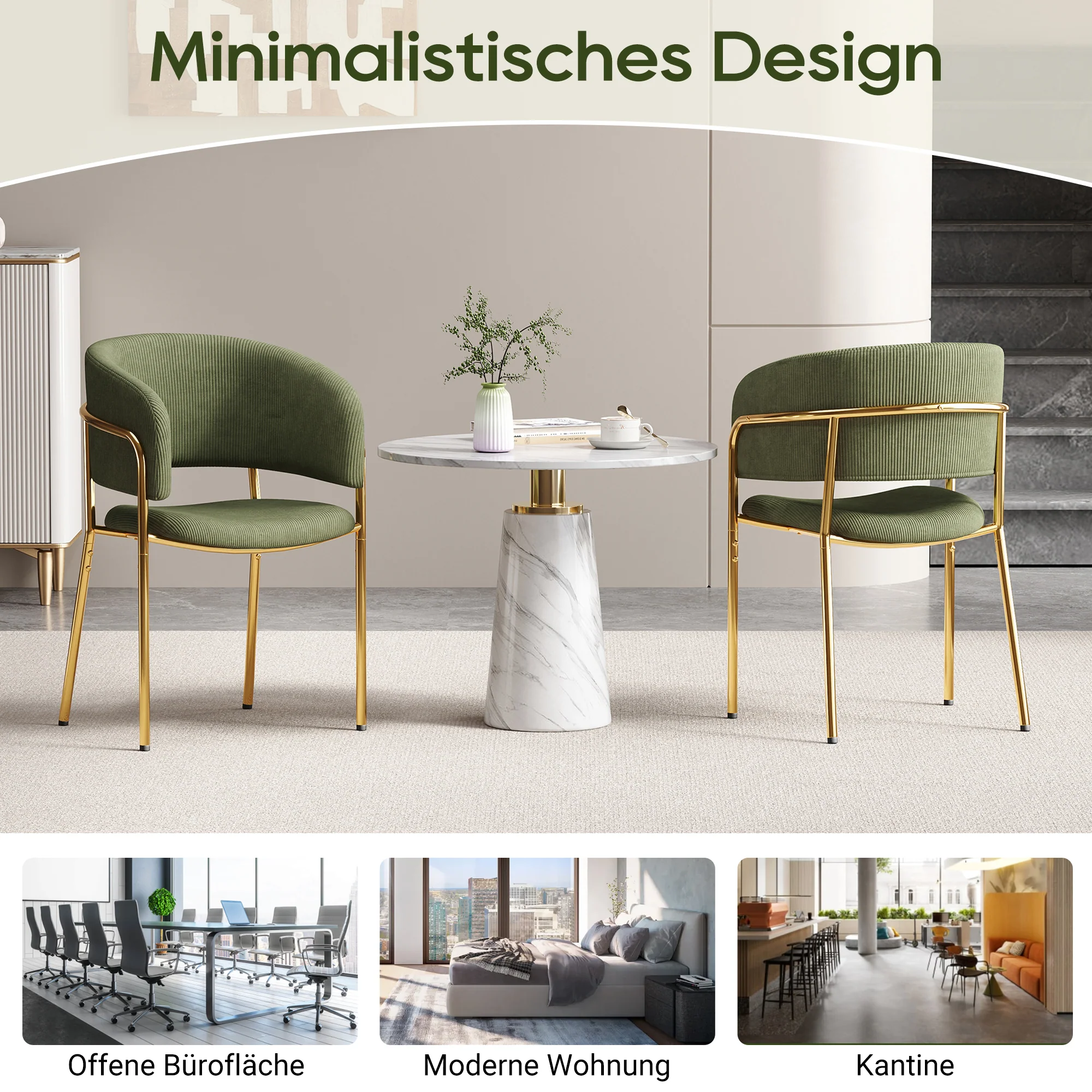 4 Modern Chairs Angled Legs Adjustable Feet Corduroy - Green - Image 3
