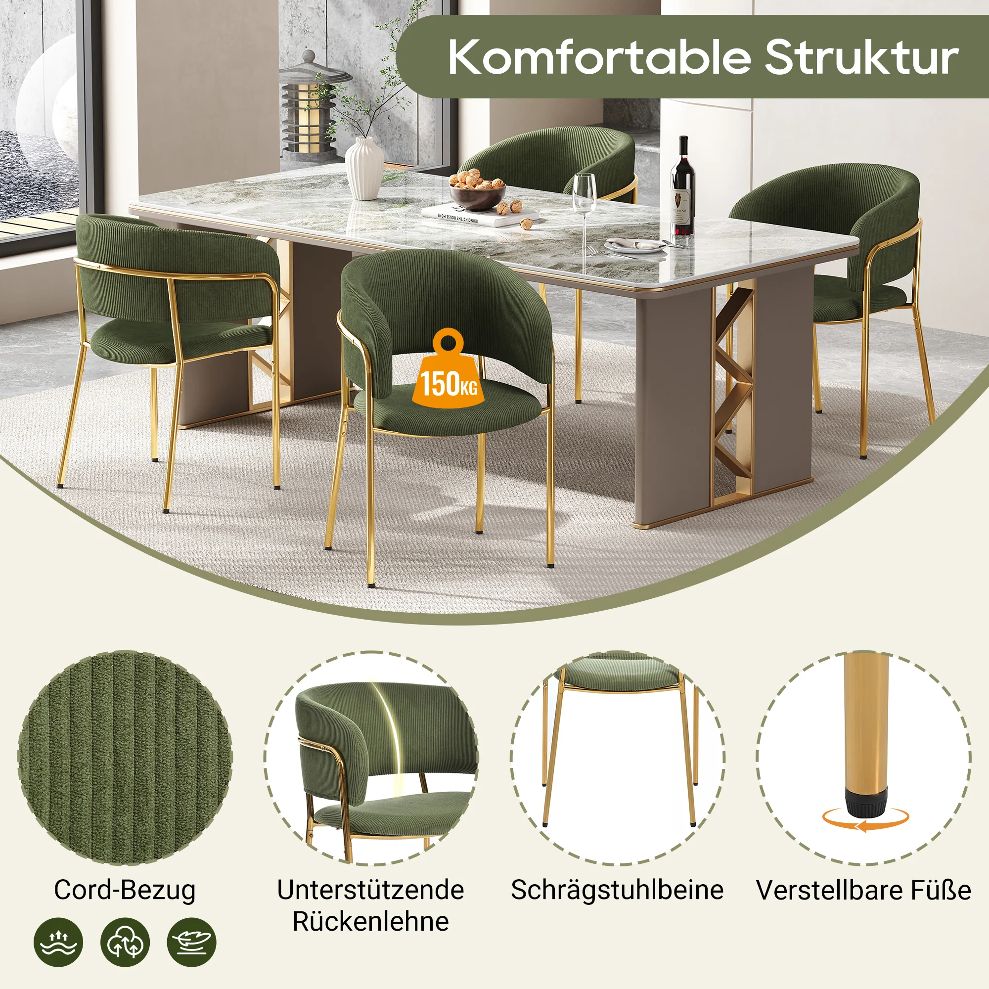 4 Modern Chairs Angled Legs Adjustable Feet Corduroy - Green - Image 4