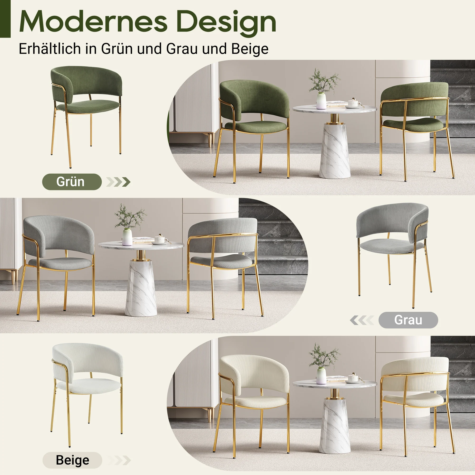 4 Modern Chairs Angled Legs Adjustable Feet Corduroy - Green - Image 5