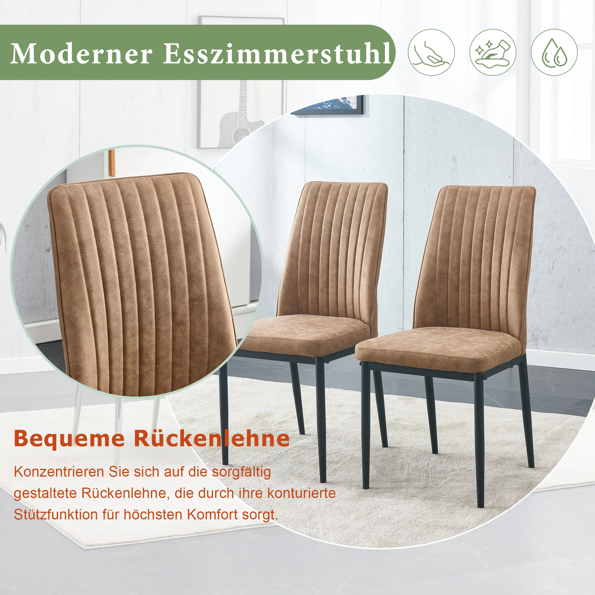 4-Piece Dining Chair Set Vertical Pattern Black Metal Legs - Brown Technology Cloth - Image 5