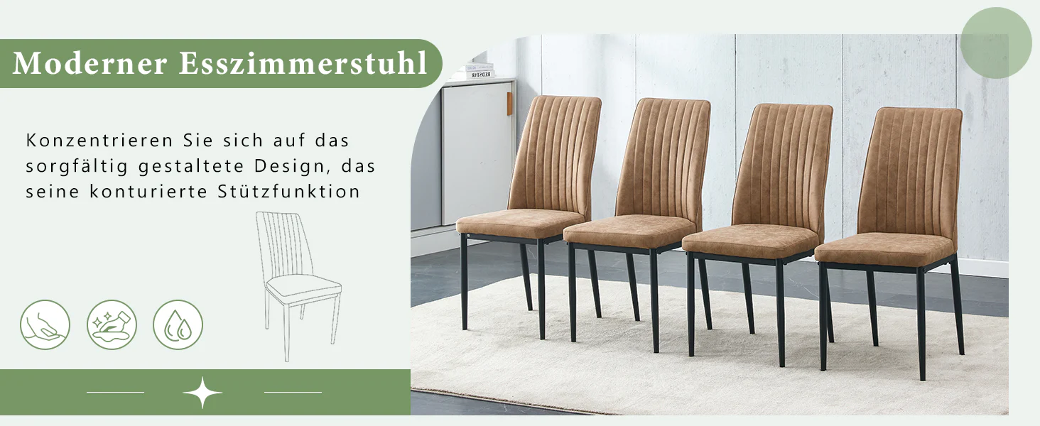 4-Piece Dining Chair Set Vertical Pattern Black Metal Legs - Brown Technology Cloth - Image 9