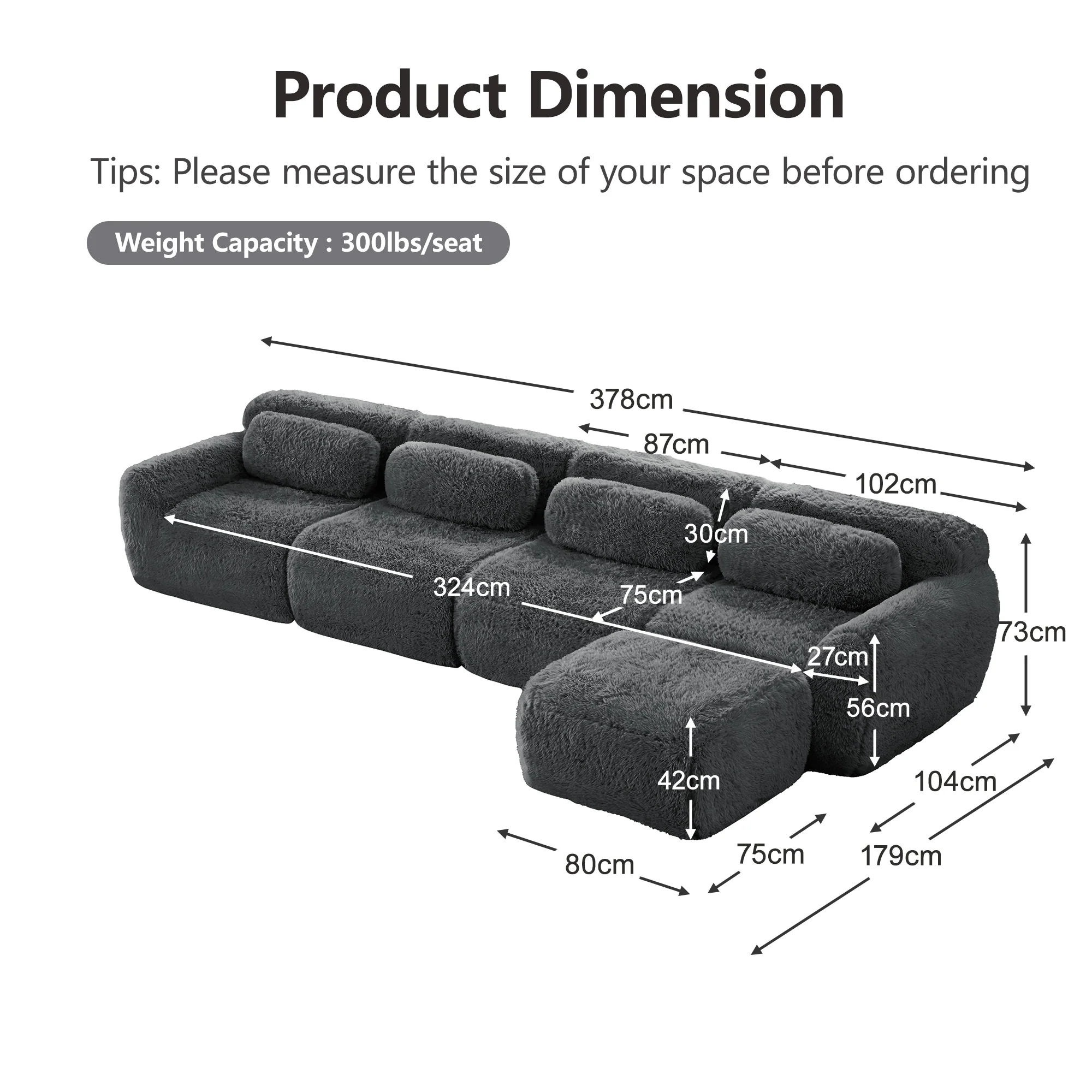 4-Seater L-Shaped Modular Sofa Chaise Lounge No Assembly Premium Plush Grey - Image 7