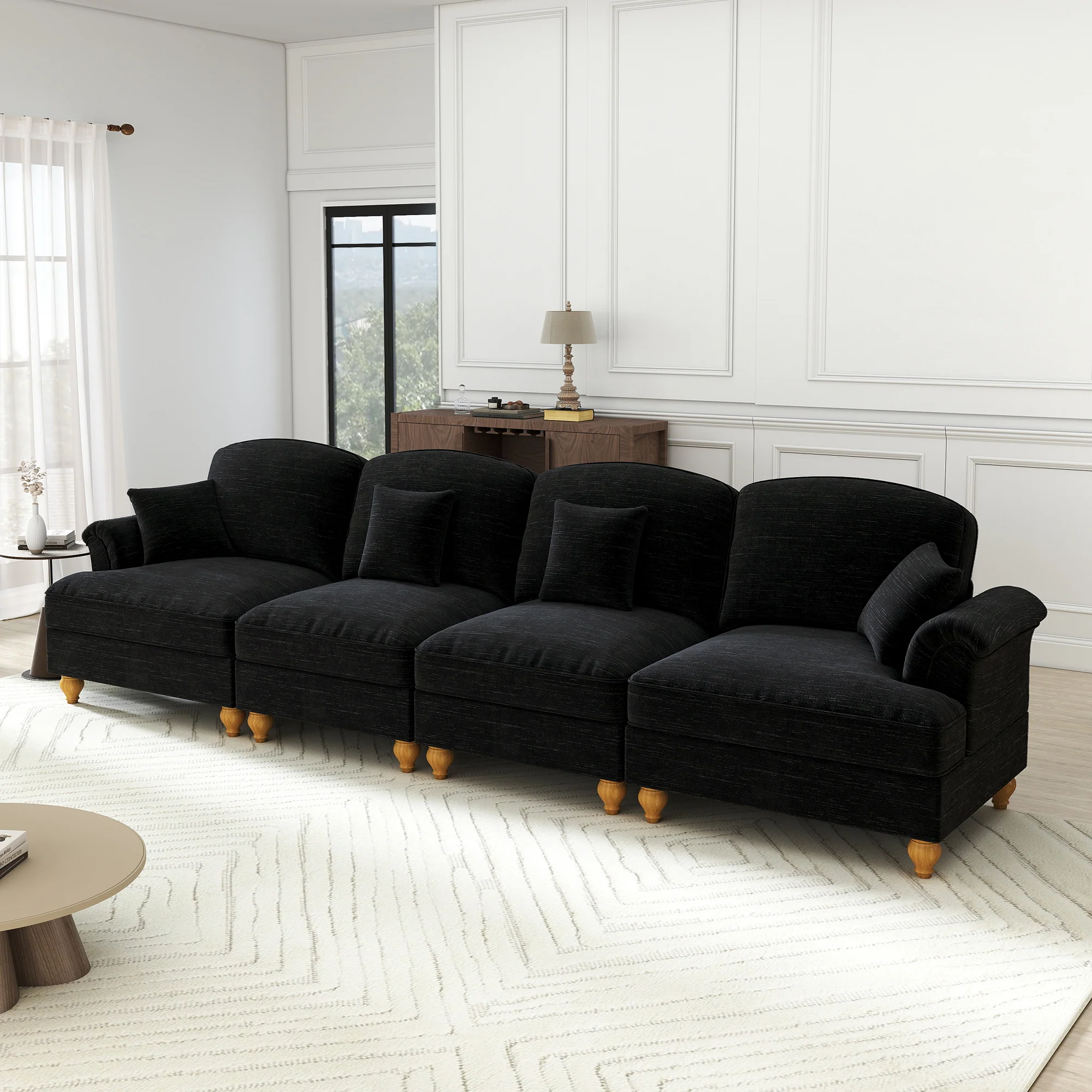 4-Seater Sofa Mid-Century Chenille Spindle Legs - Black