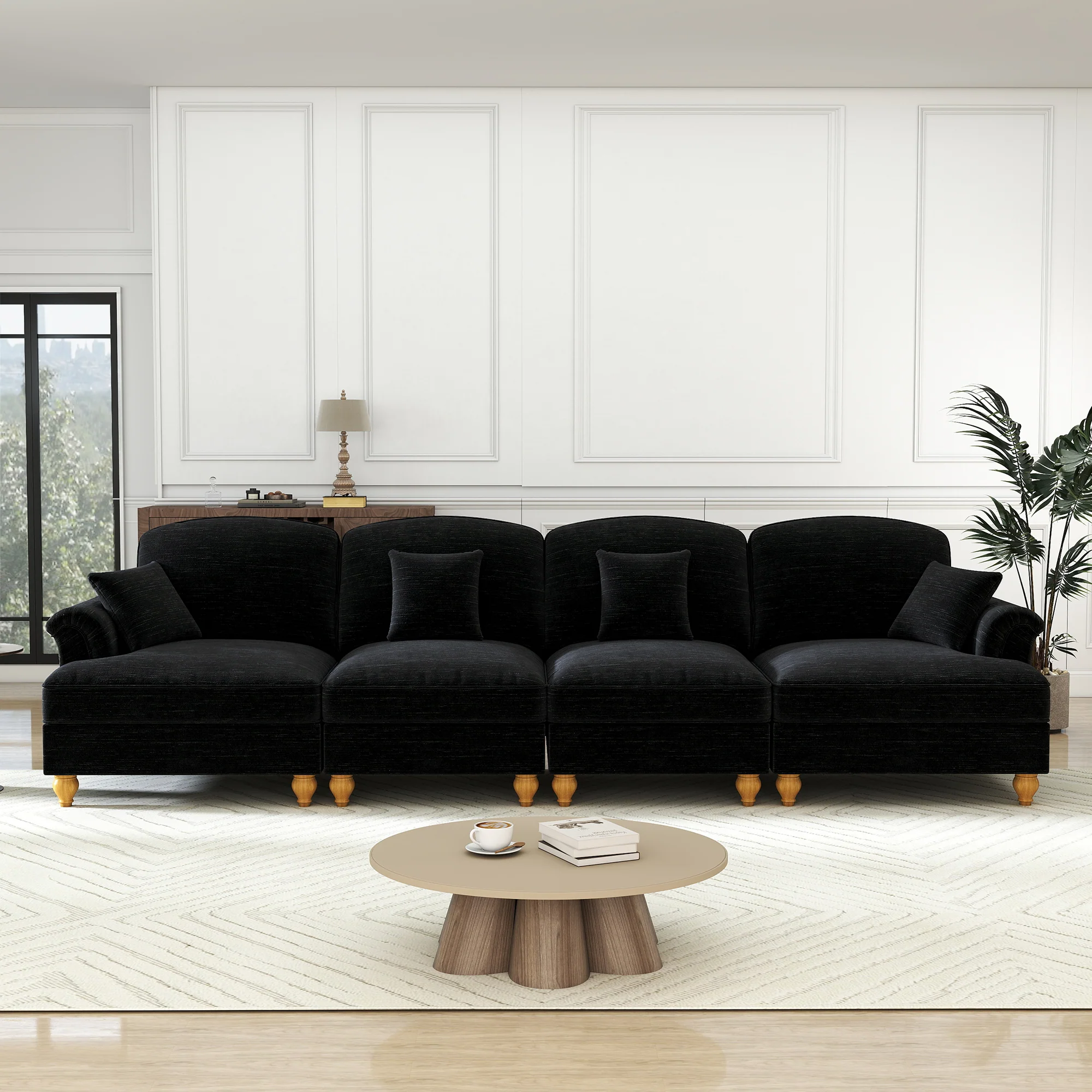 4-Seater Sofa Mid-Century Chenille Spindle Legs - Black - Image 3