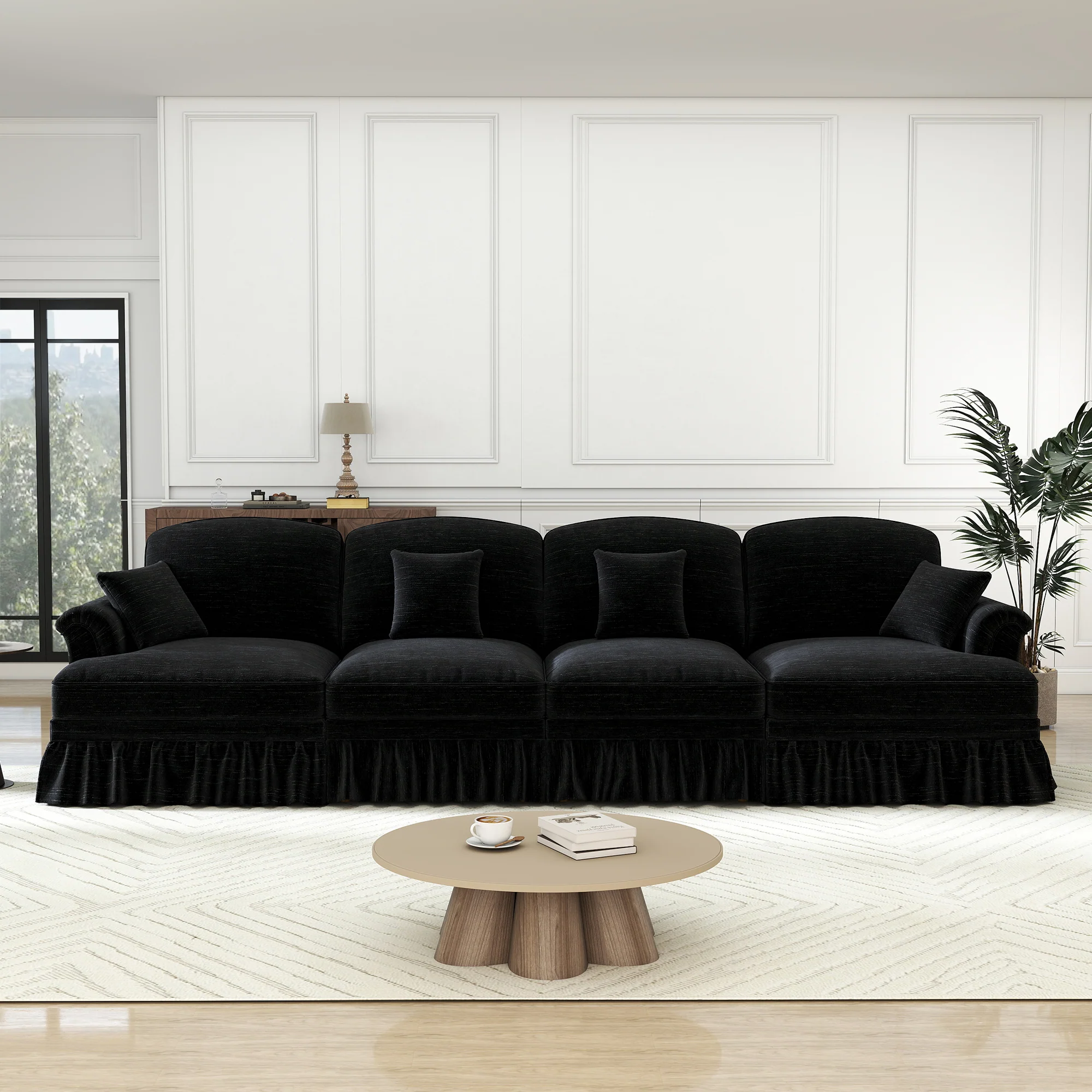 4-Seater Sofa Mid-Century Chenille Spindle Legs - Black - Image 4