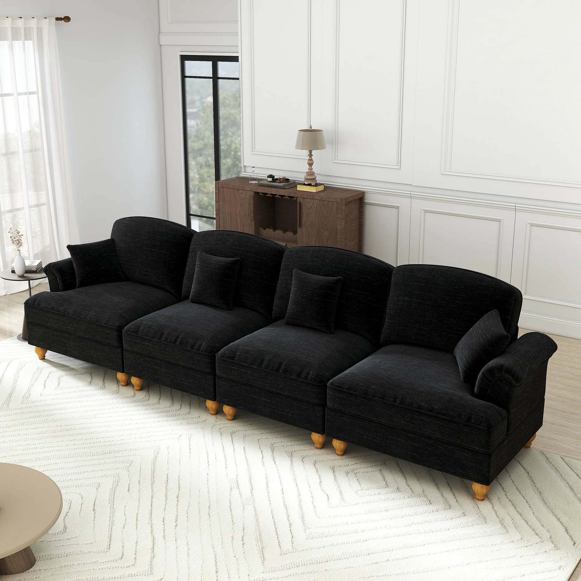 4-Seater Sofa Mid-Century Chenille Spindle Legs - Black - Image 5