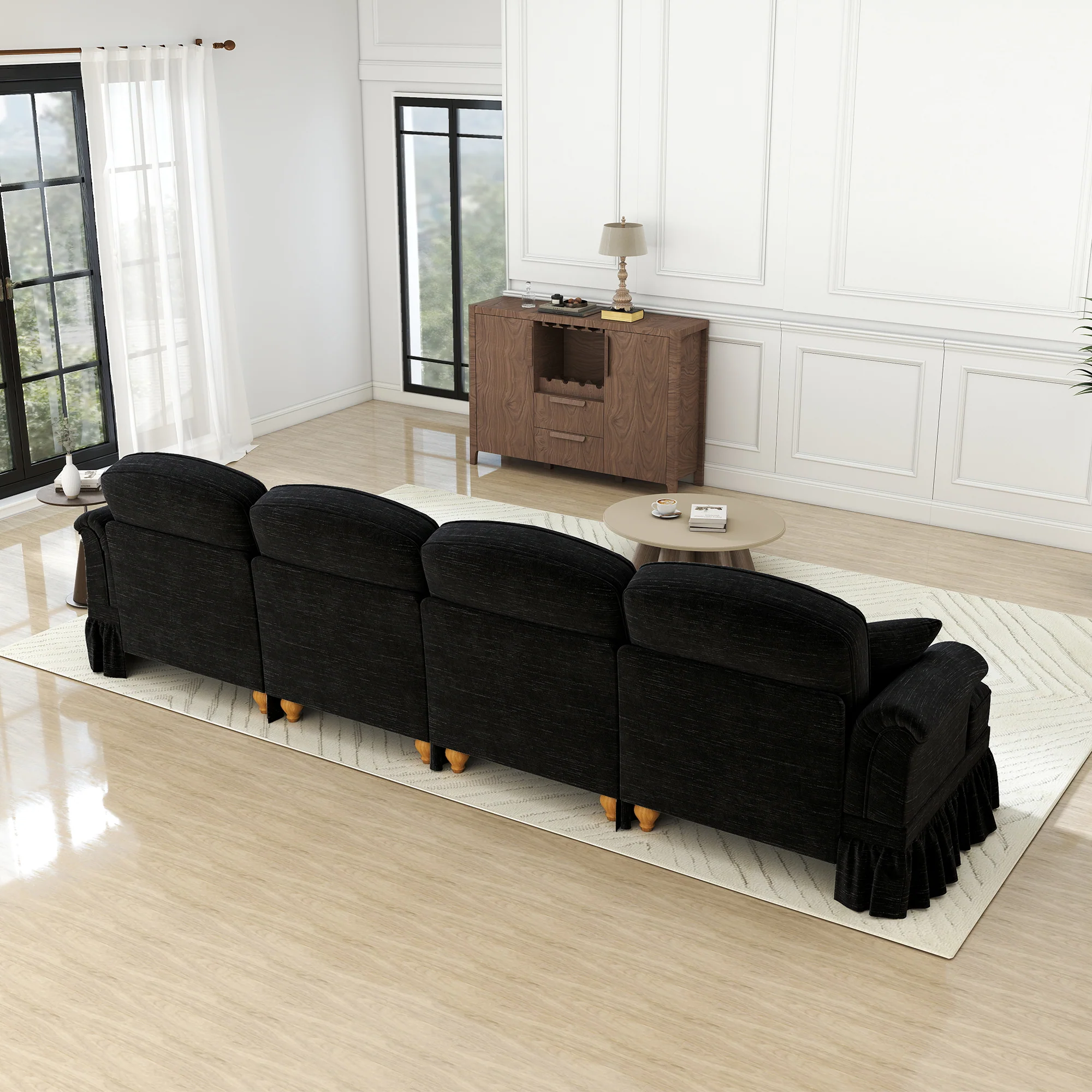 4-Seater Sofa Mid-Century Chenille Spindle Legs - Black - Image 7