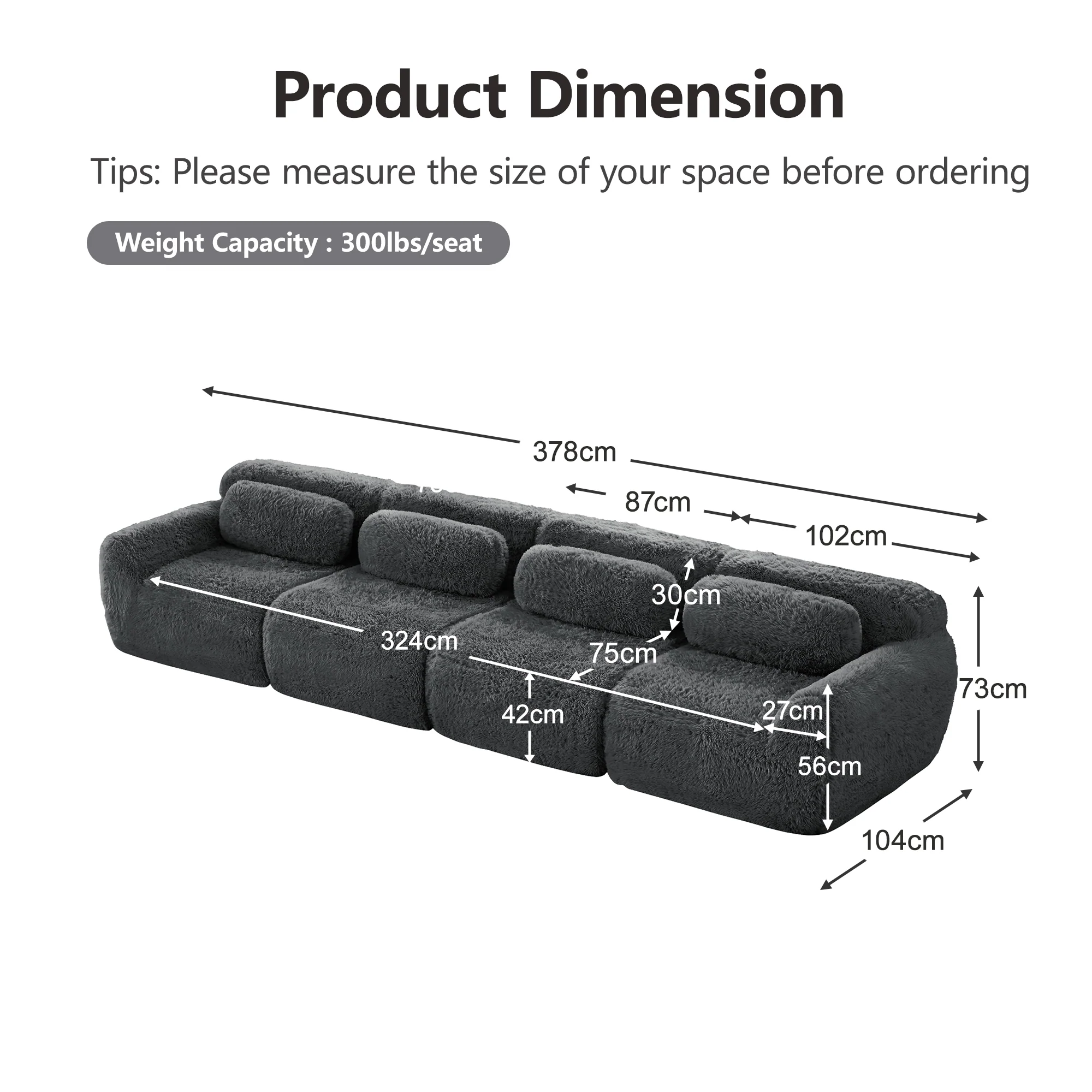 4-seater Sofa Multi-Combination Premium Plush Fabric Grey - Image 7