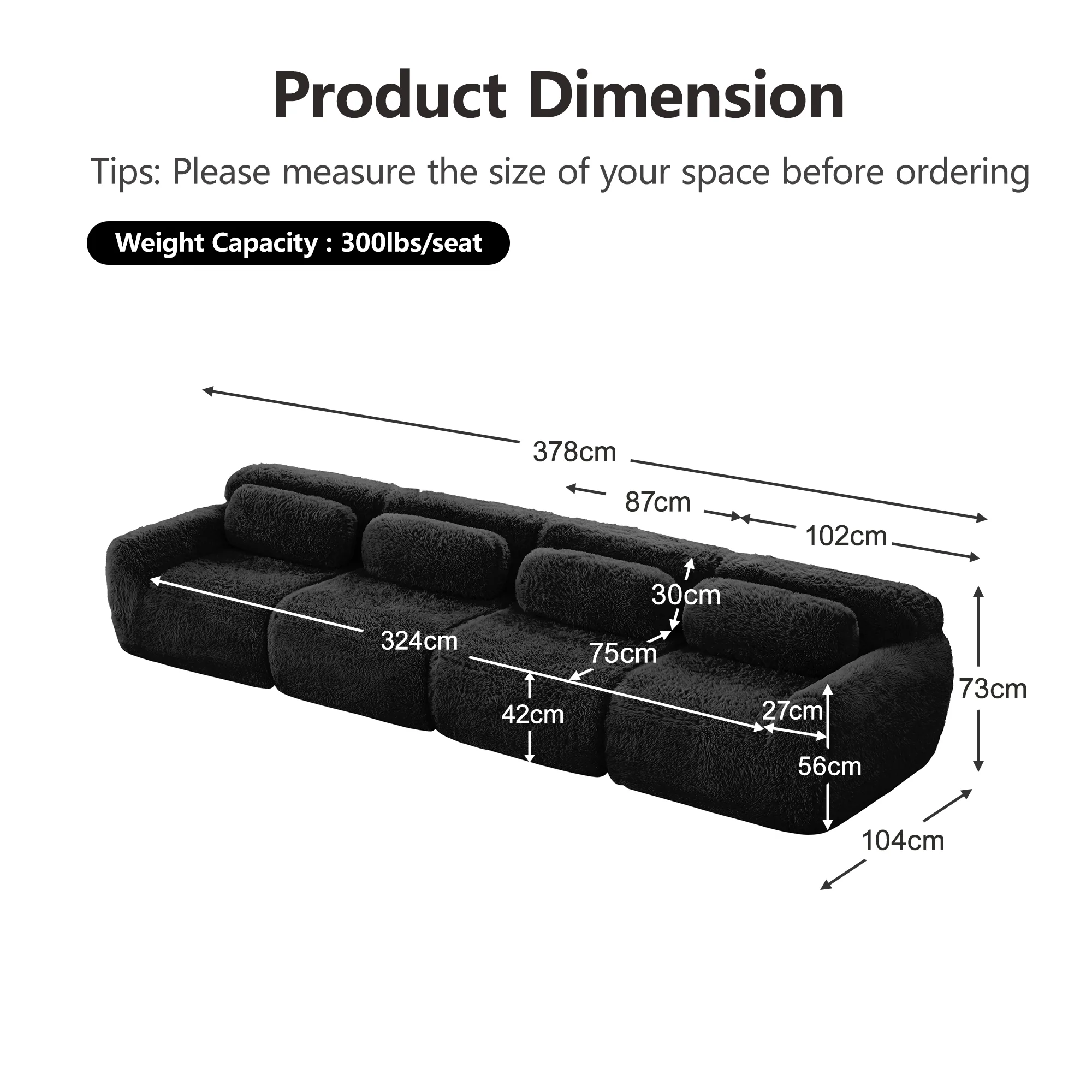 4-Seater Sofa Premium Plush Multi-Combination Cushions - Black - Image 7
