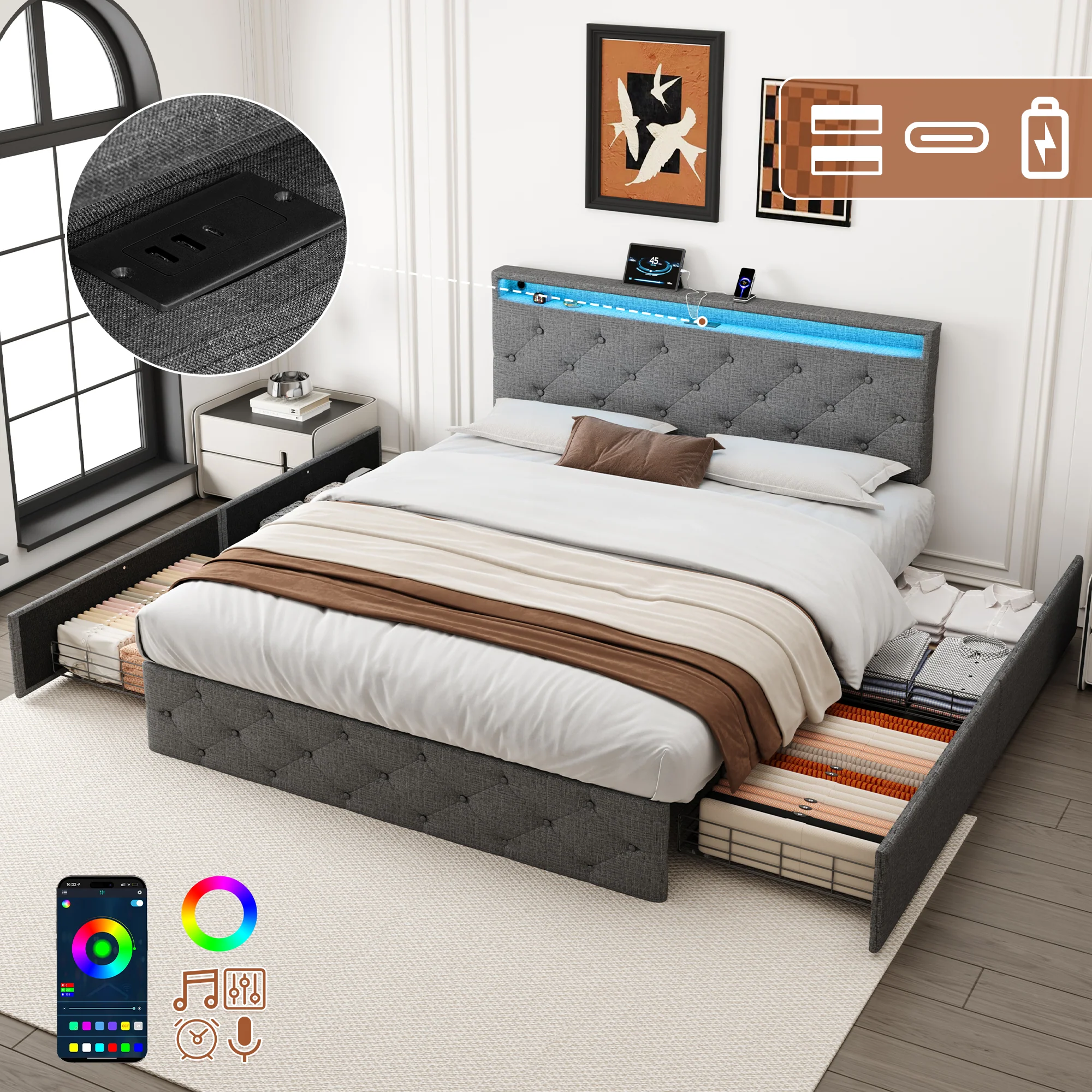 4ft6 Double Upholstered Bed with 4 Storage Drawers, LED Charging Station, Linen Grey