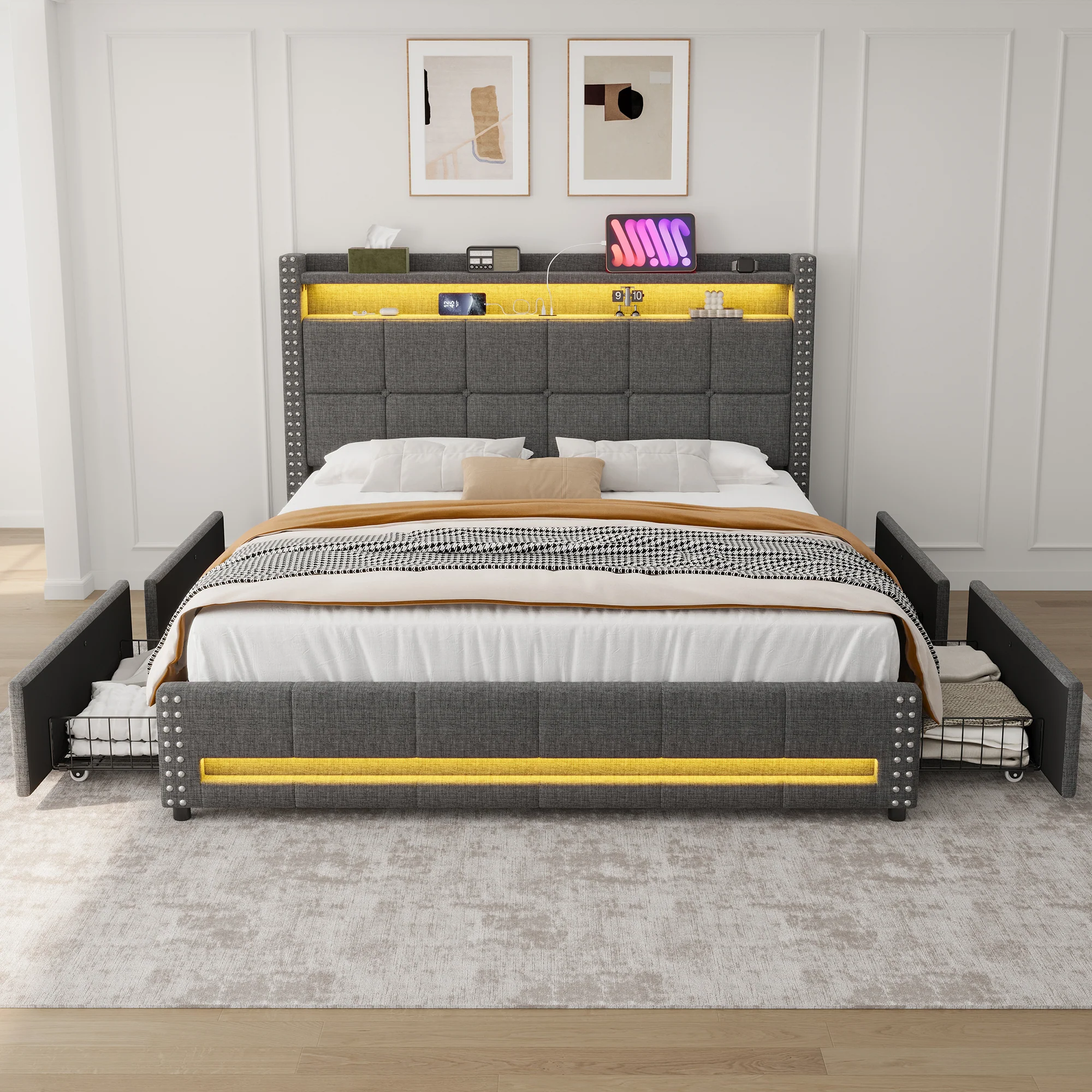 4ft6 Double Upholstered Bed with 4 Storage Drawers, LED Charging Station, Linen Grey - Image 11