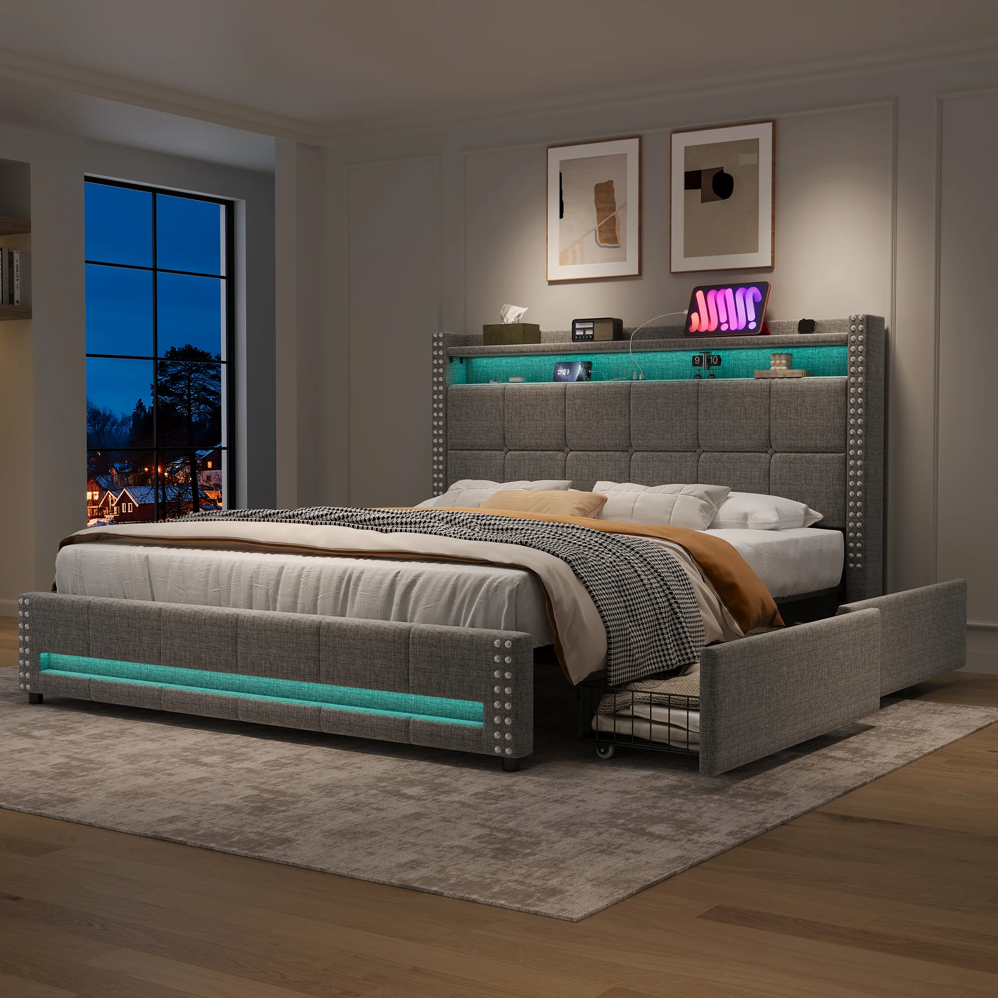 4ft6 Double Upholstered Bed with 4 Storage Drawers, LED Charging Station, Linen Grey - Image 12