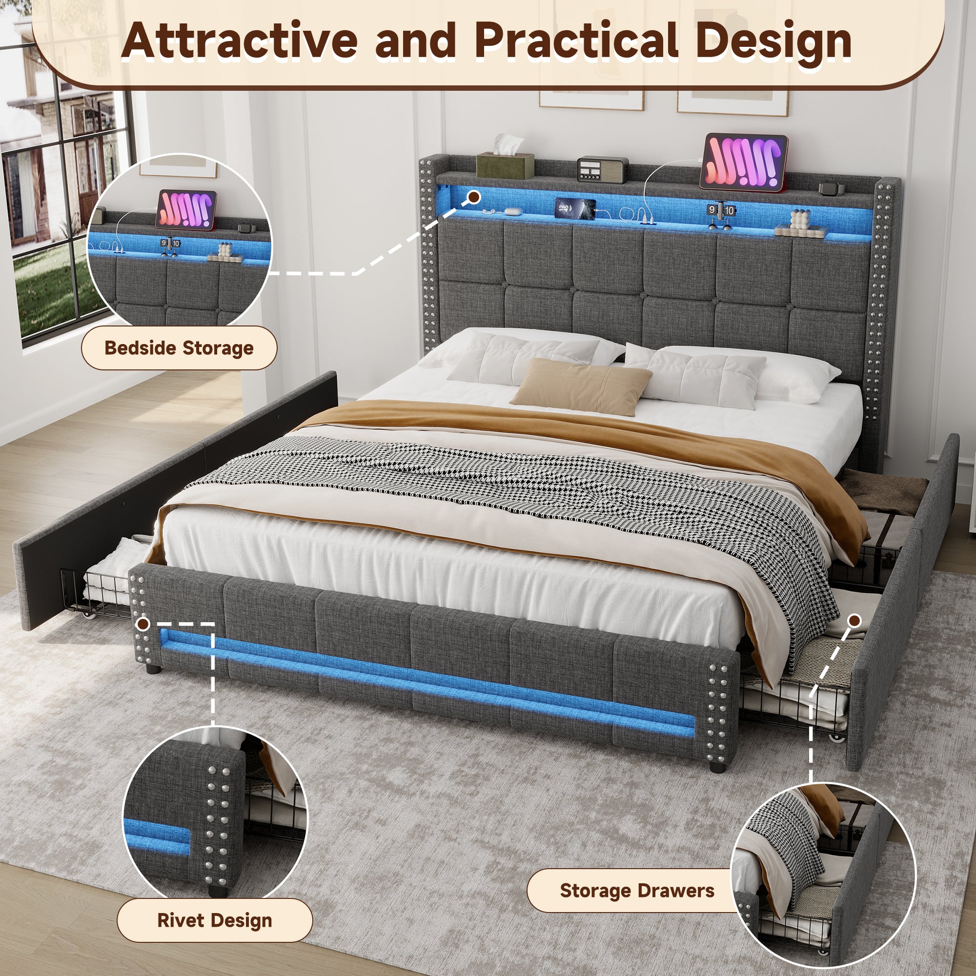 4ft6 Double Upholstered Bed with 4 Storage Drawers, LED Charging Station, Linen Grey - Image 13