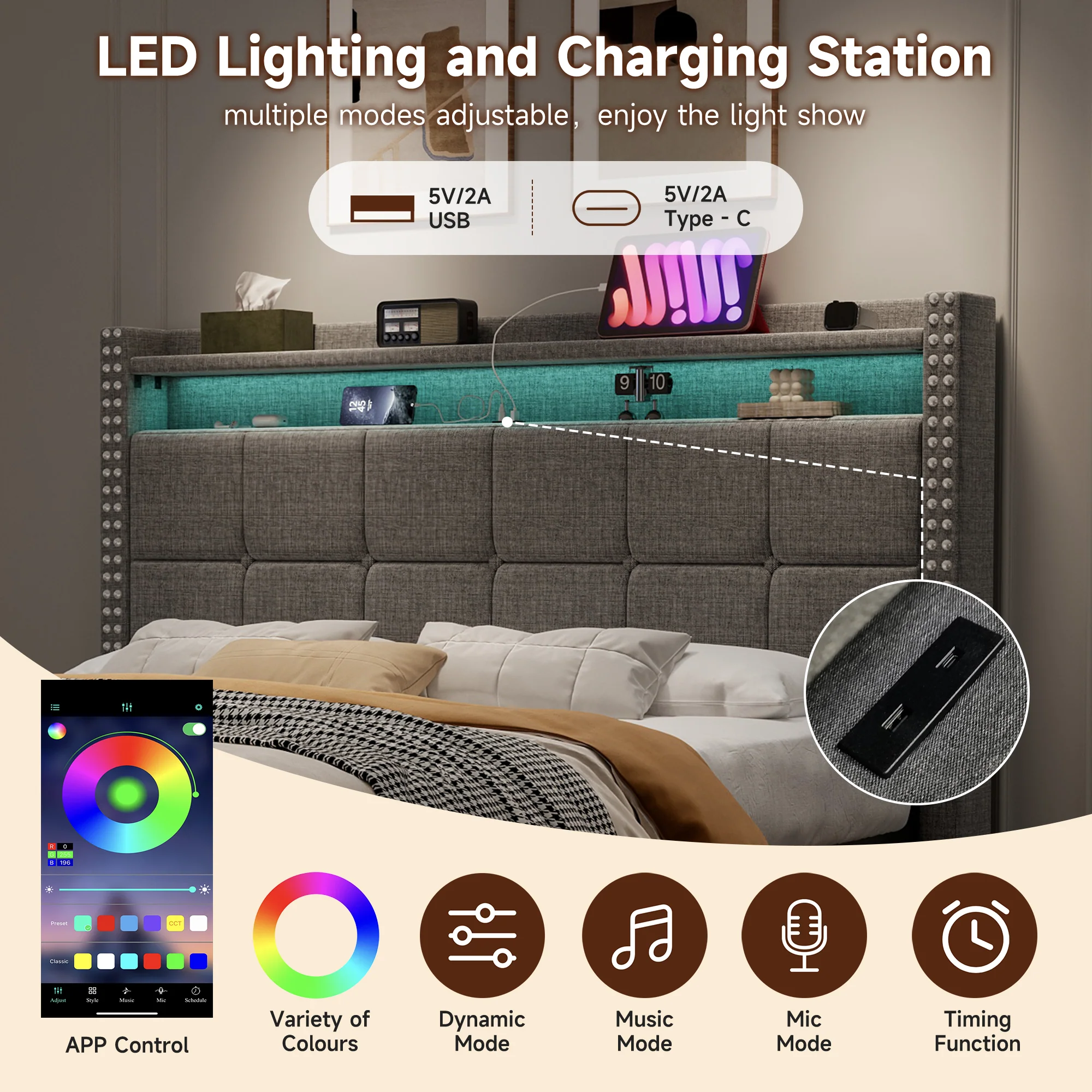4ft6 Double Upholstered Bed with 4 Storage Drawers, LED Charging Station, Linen Grey - Image 14