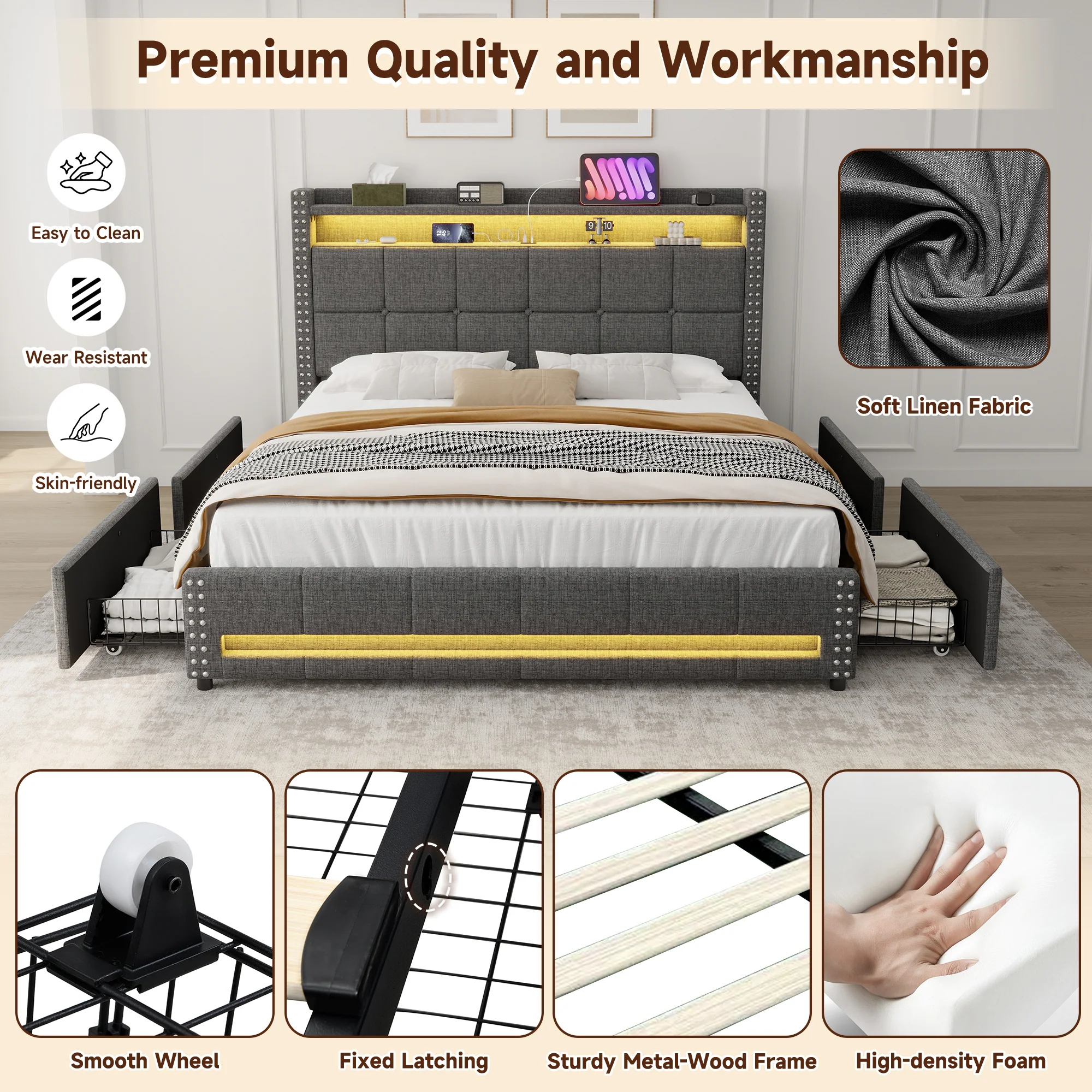 4ft6 Double Upholstered Bed with 4 Storage Drawers, LED Charging Station, Linen Grey - Image 15