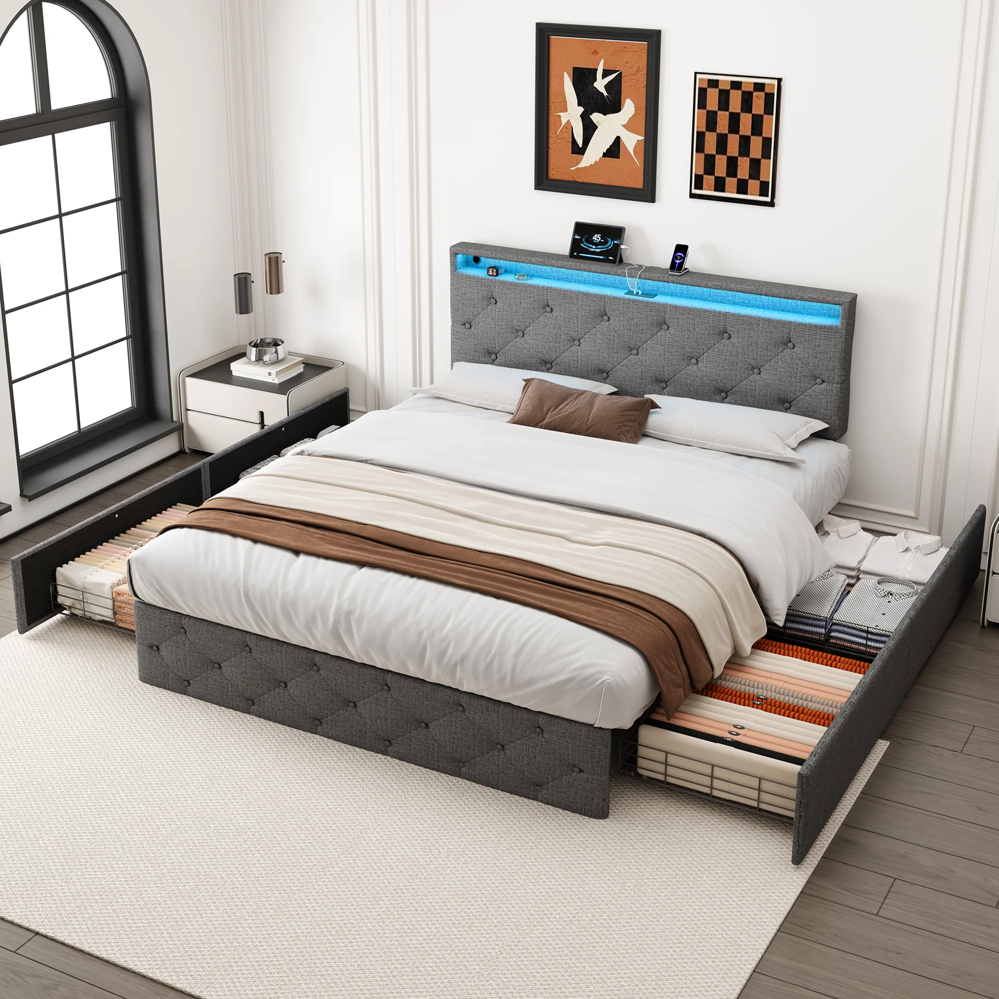 4ft6 Double Upholstered Bed with 4 Storage Drawers, LED Charging Station, Linen Grey - Image 2