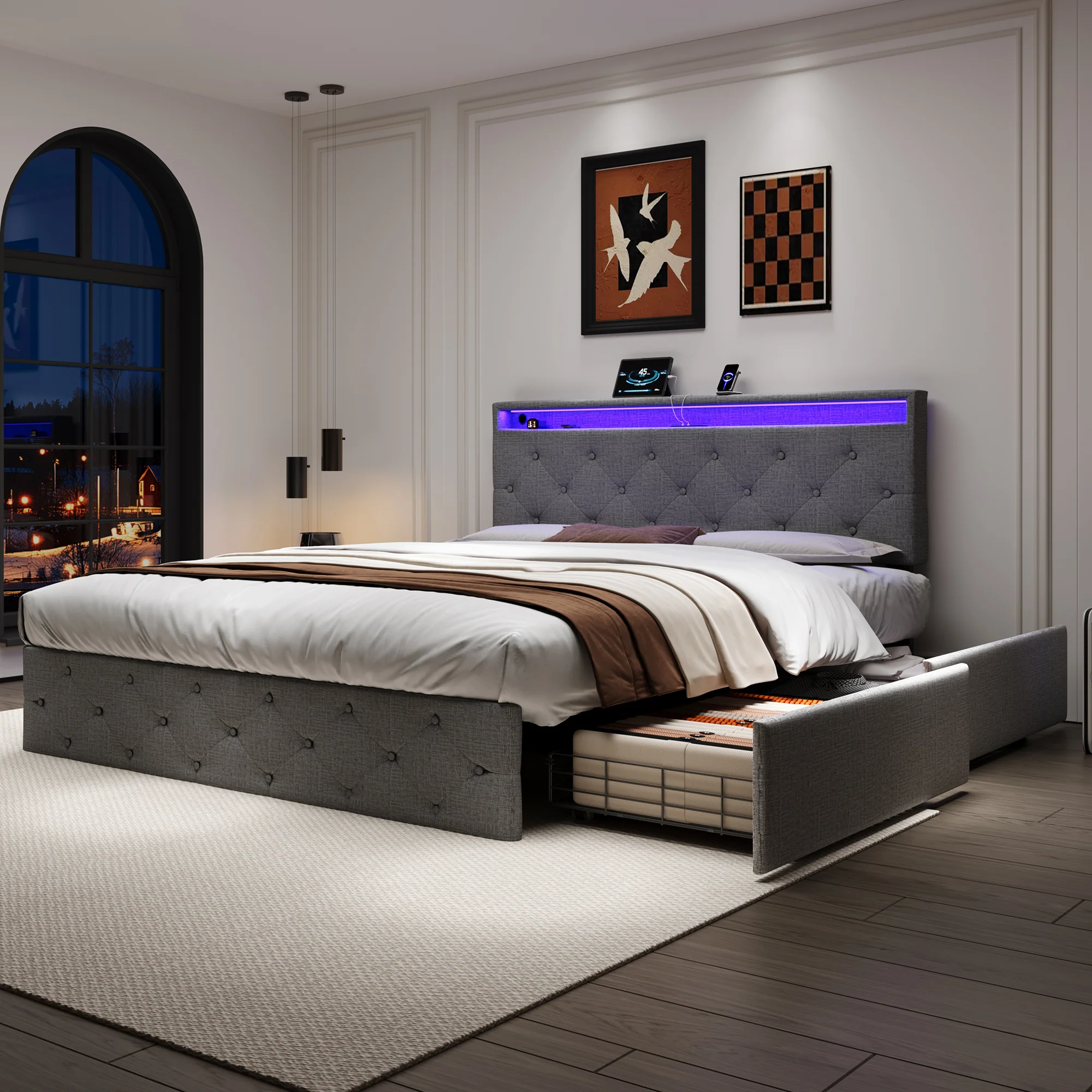 4ft6 Double Upholstered Bed with 4 Storage Drawers, LED Charging Station, Linen Grey - Image 3