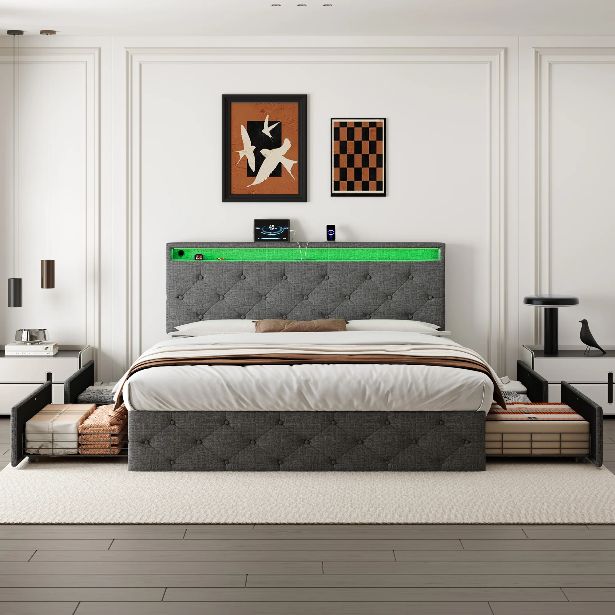 4ft6 Double Upholstered Bed with 4 Storage Drawers, LED Charging Station, Linen Grey - Image 4